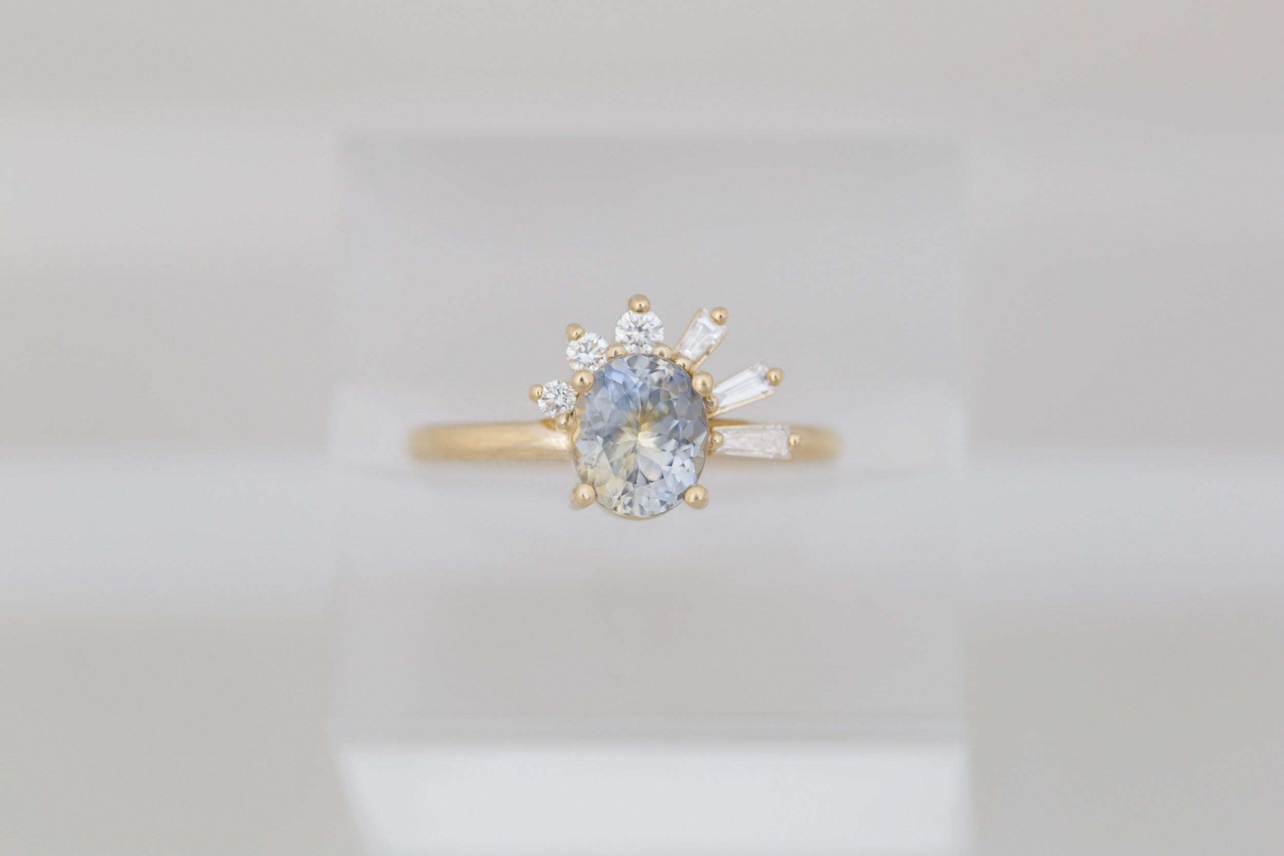 Sol Ring | Bicolor Oval Sapphire + Baguette and Round Diamond Cluster Engagement Ring 1.53 ct | 14k Recycled Gold | One of a Kind