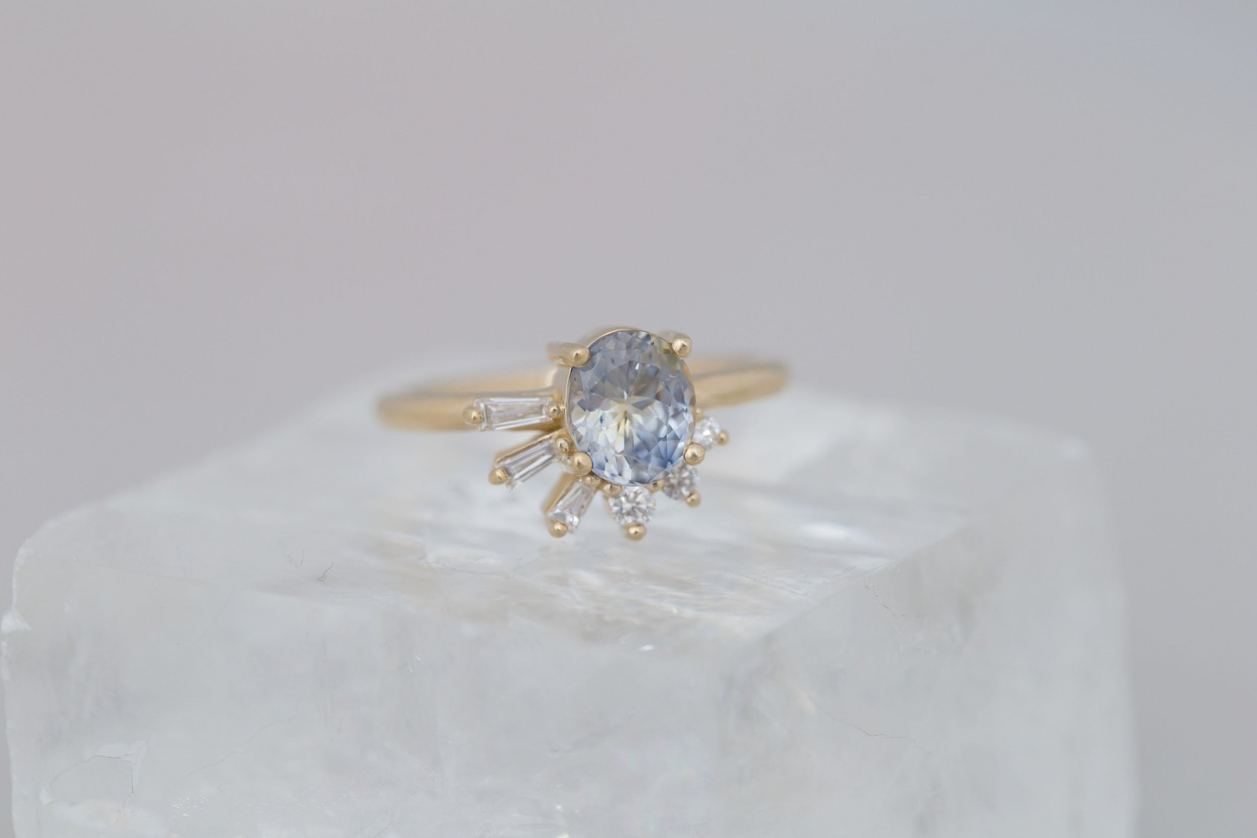 Sol Ring | Bicolor Oval Sapphire + Baguette and Round Diamond Cluster Engagement Ring 1.53 ct | 14k Recycled Gold | One of a Kind