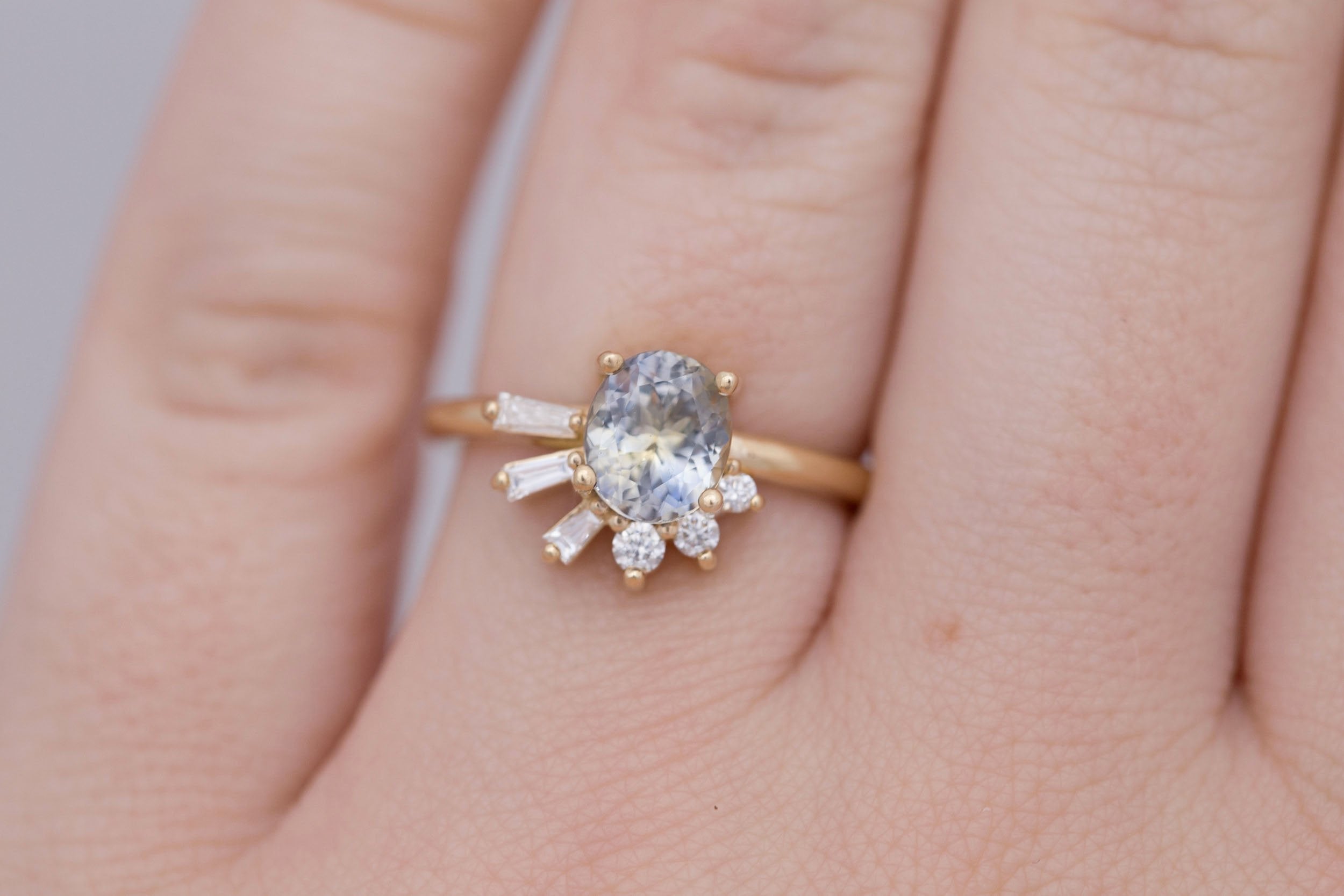 Sol Ring | Bicolor Oval Sapphire + Baguette and Round Diamond Cluster Engagement Ring 1.53 ct | 14k Recycled Gold | One of a Kind