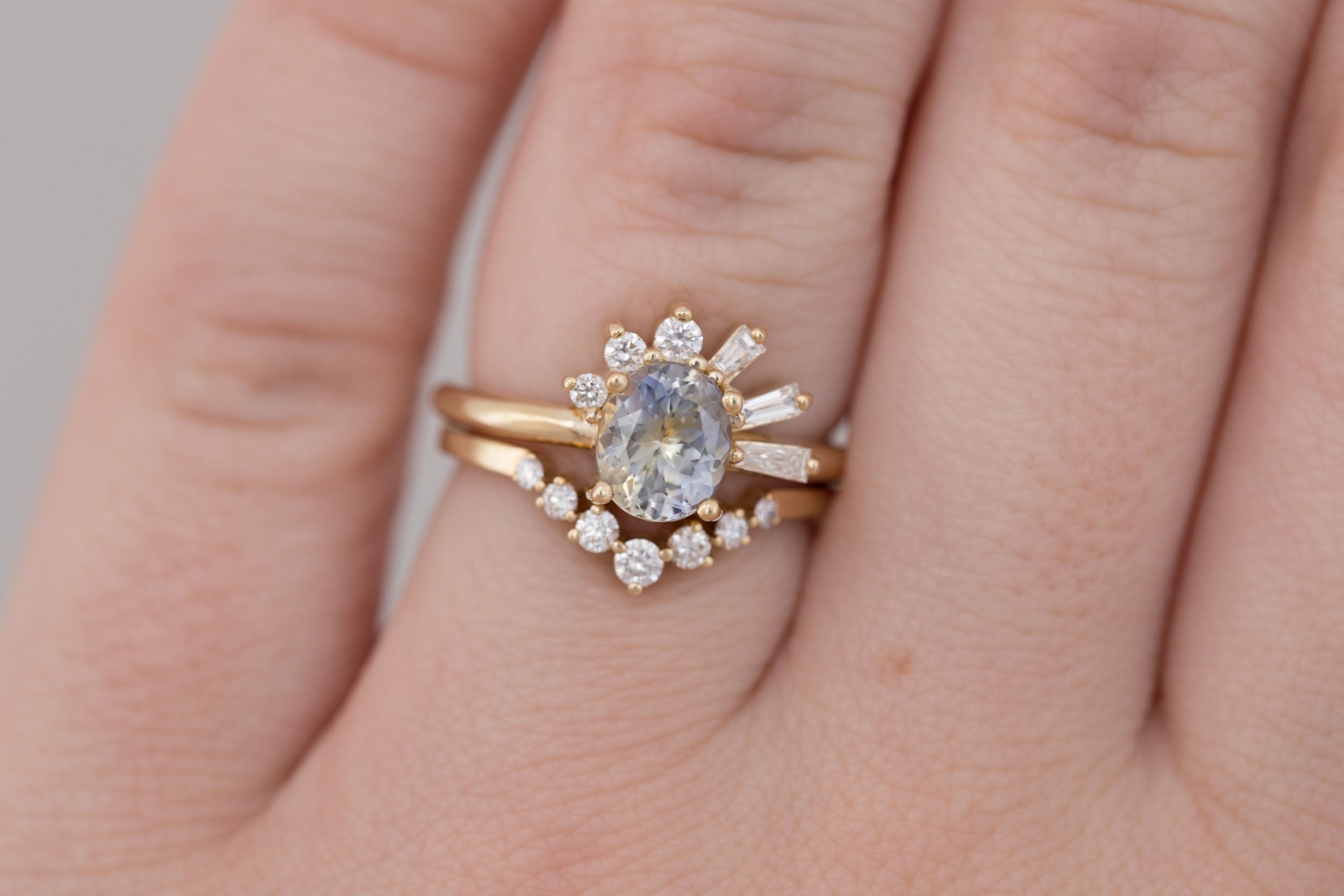 Sol Ring | Bicolor Oval Sapphire + Baguette and Round Diamond Cluster Engagement Ring 1.53 ct | 14k Recycled Gold | One of a Kind