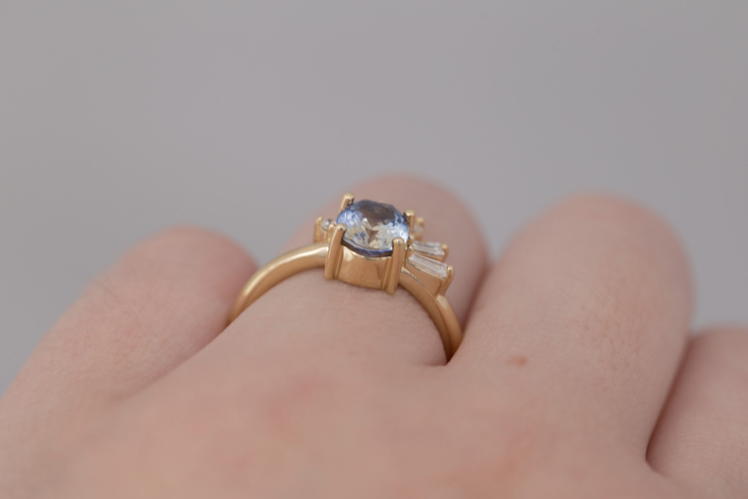 Sol Ring | Bicolor Oval Sapphire + Baguette and Round Diamond Cluster Engagement Ring 1.53 ct | 14k Recycled Gold | One of a Kind