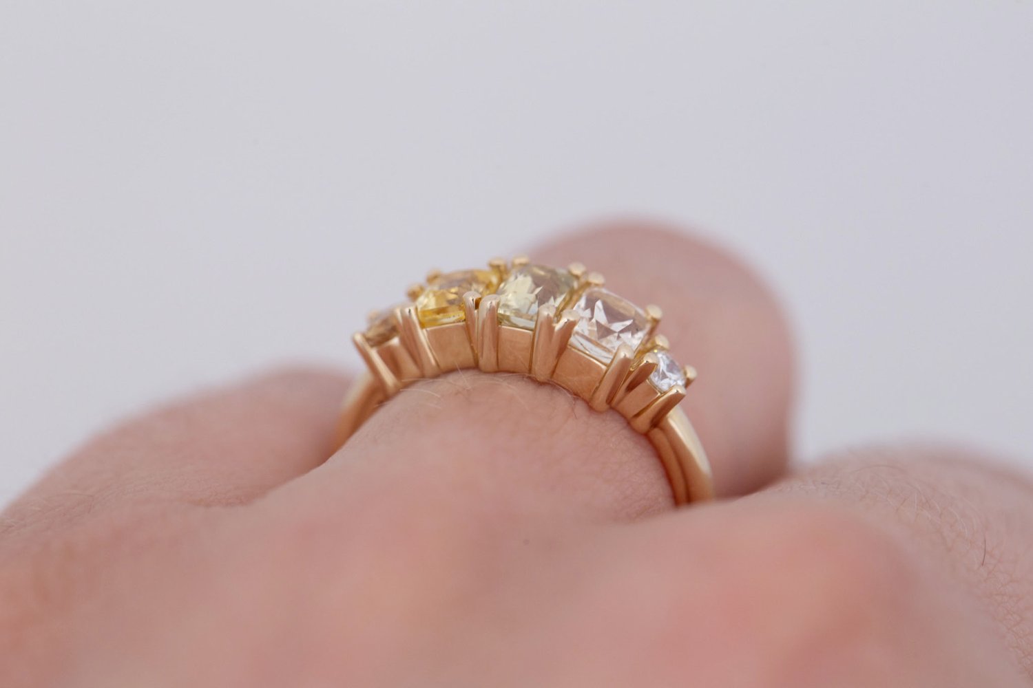 Yellow Sapphire Line Ring | Yellow Sapphires + Diamond Engagement Ring | 14k Recycled Gold | One of a Kind