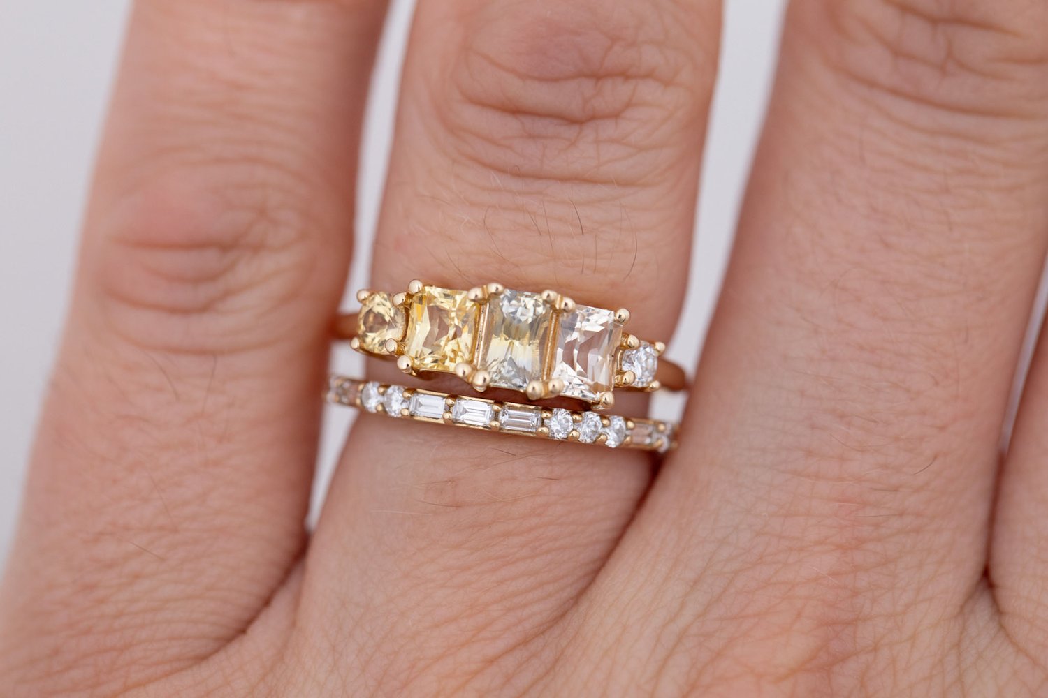 Yellow Sapphire Line Ring | Yellow Sapphires + Diamond Engagement Ring | 14k Recycled Gold | One of a Kind