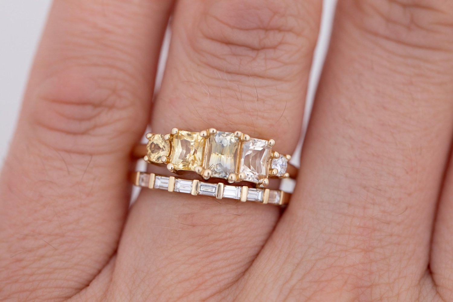 Yellow Sapphire Line Ring | Yellow Sapphires + Diamond Engagement Ring | 14k Recycled Gold | One of a Kind