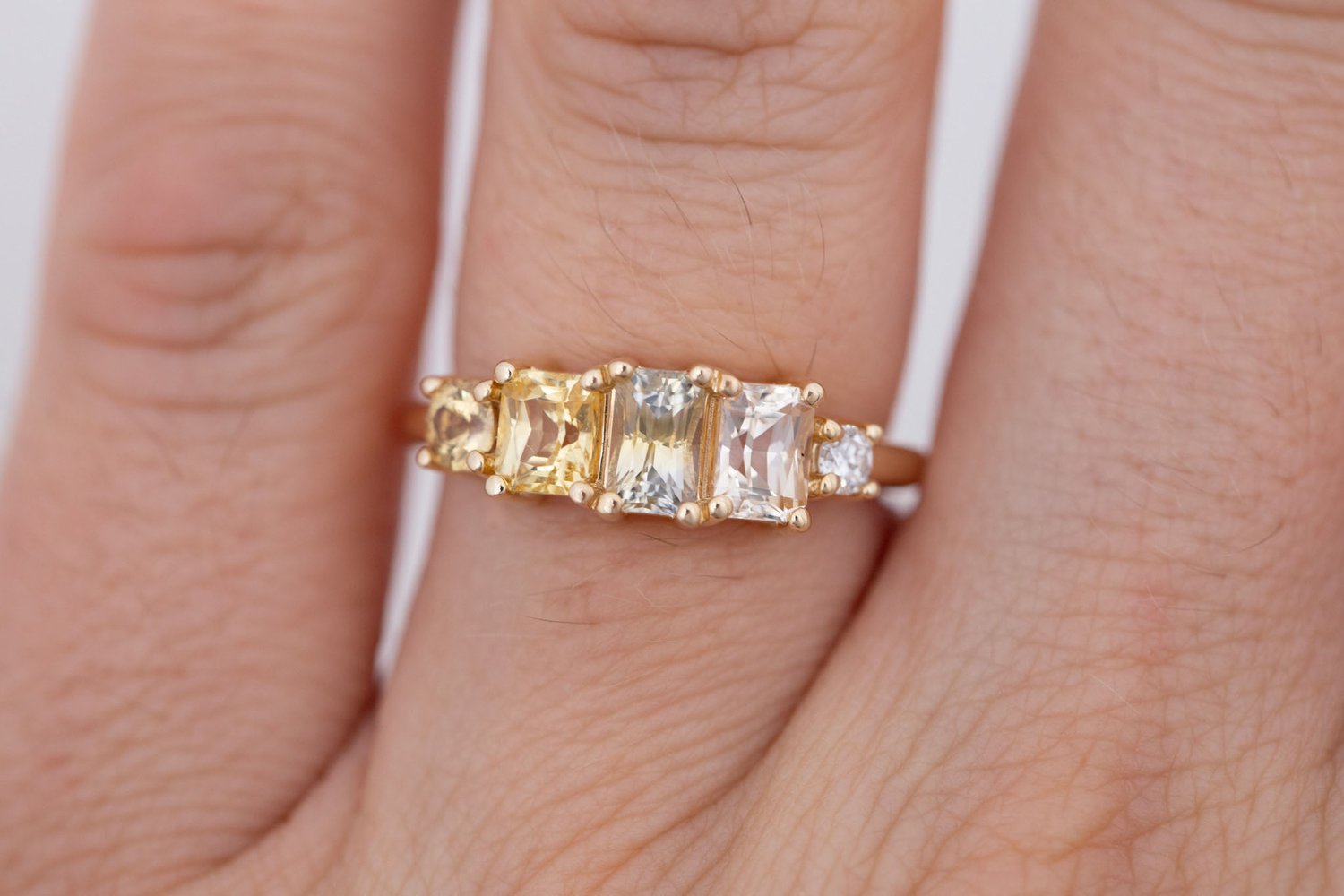 Yellow Sapphire Line Ring | Yellow Sapphires + Diamond Engagement Ring | 14k Recycled Gold | One of a Kind