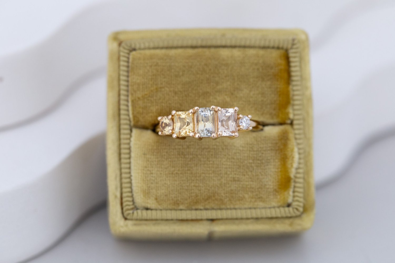 Yellow Sapphire Line Ring | Yellow Sapphires + Diamond Engagement Ring | 14k Recycled Gold | One of a Kind