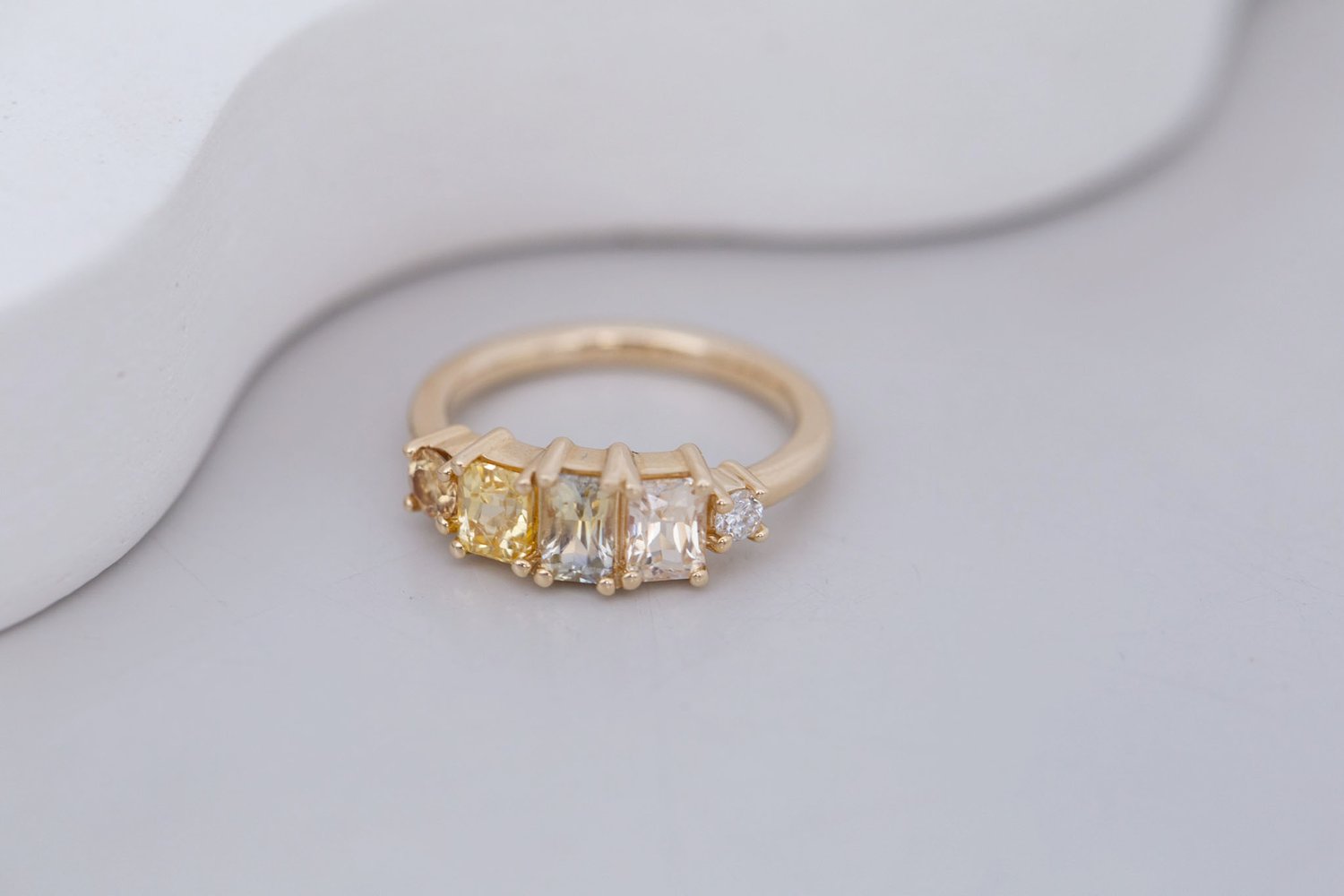 Yellow Sapphire Line Ring | Yellow Sapphires + Diamond Engagement Ring | 14k Recycled Gold | One of a Kind