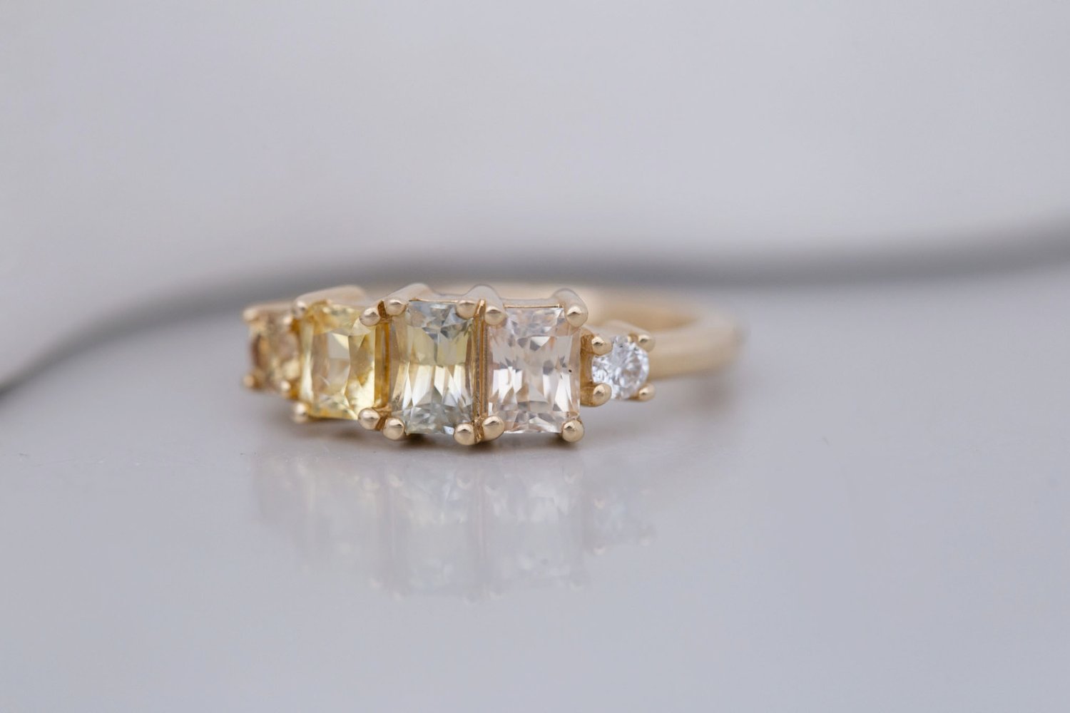 Yellow Sapphire Line Ring | Yellow Sapphires + Diamond Engagement Ring | 14k Recycled Gold | One of a Kind