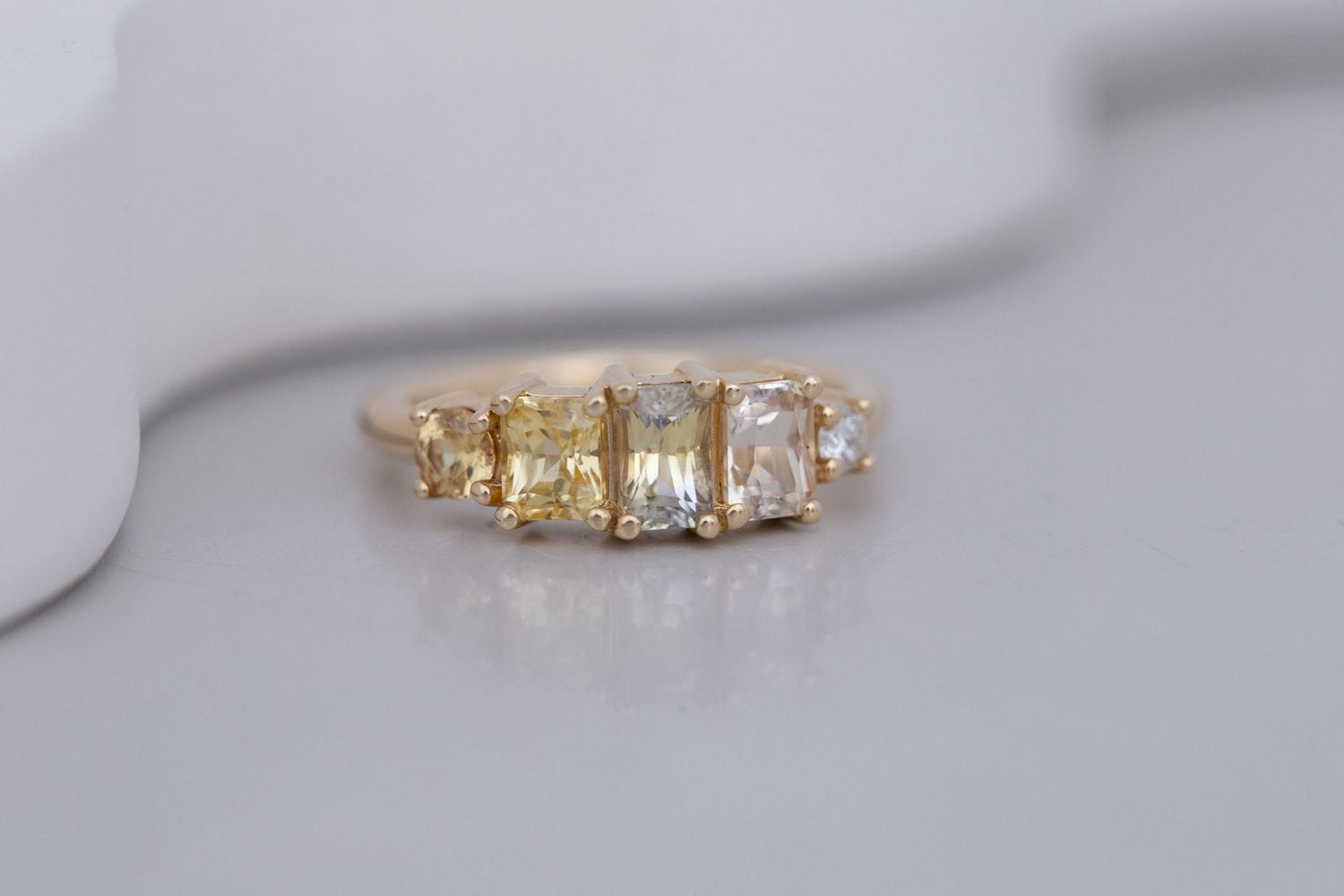 Yellow Sapphire Line Ring | Yellow Sapphires + Diamond Engagement Ring | 14k Recycled Gold | One of a Kind