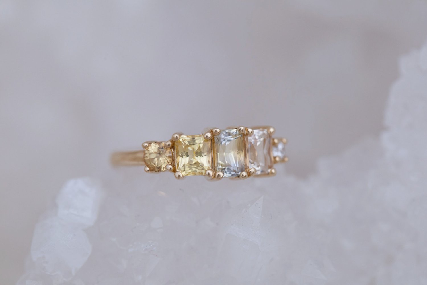 Yellow Sapphire Line Ring | Yellow Sapphires + Diamond Engagement Ring | 14k Recycled Gold | One of a Kind