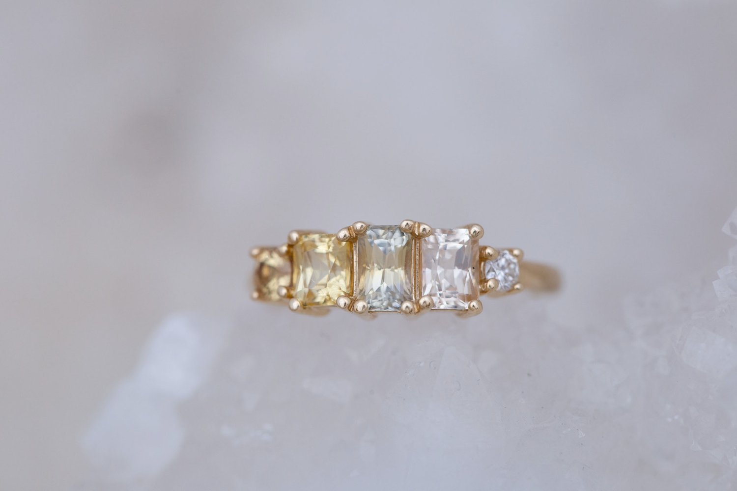 Yellow Sapphire Line Ring | Yellow Sapphires + Diamond Engagement Ring | 14k Recycled Gold | One of a Kind