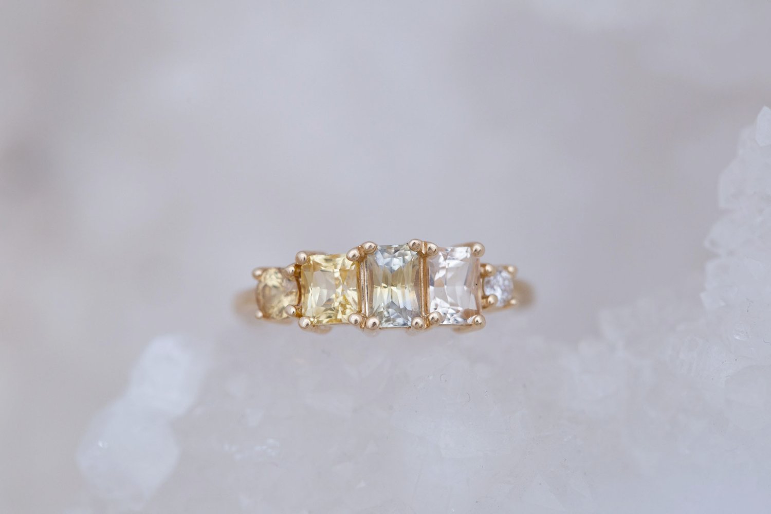 Yellow Sapphire Line Ring | Yellow Sapphires + Diamond Engagement Ring | 14k Recycled Gold | One of a Kind