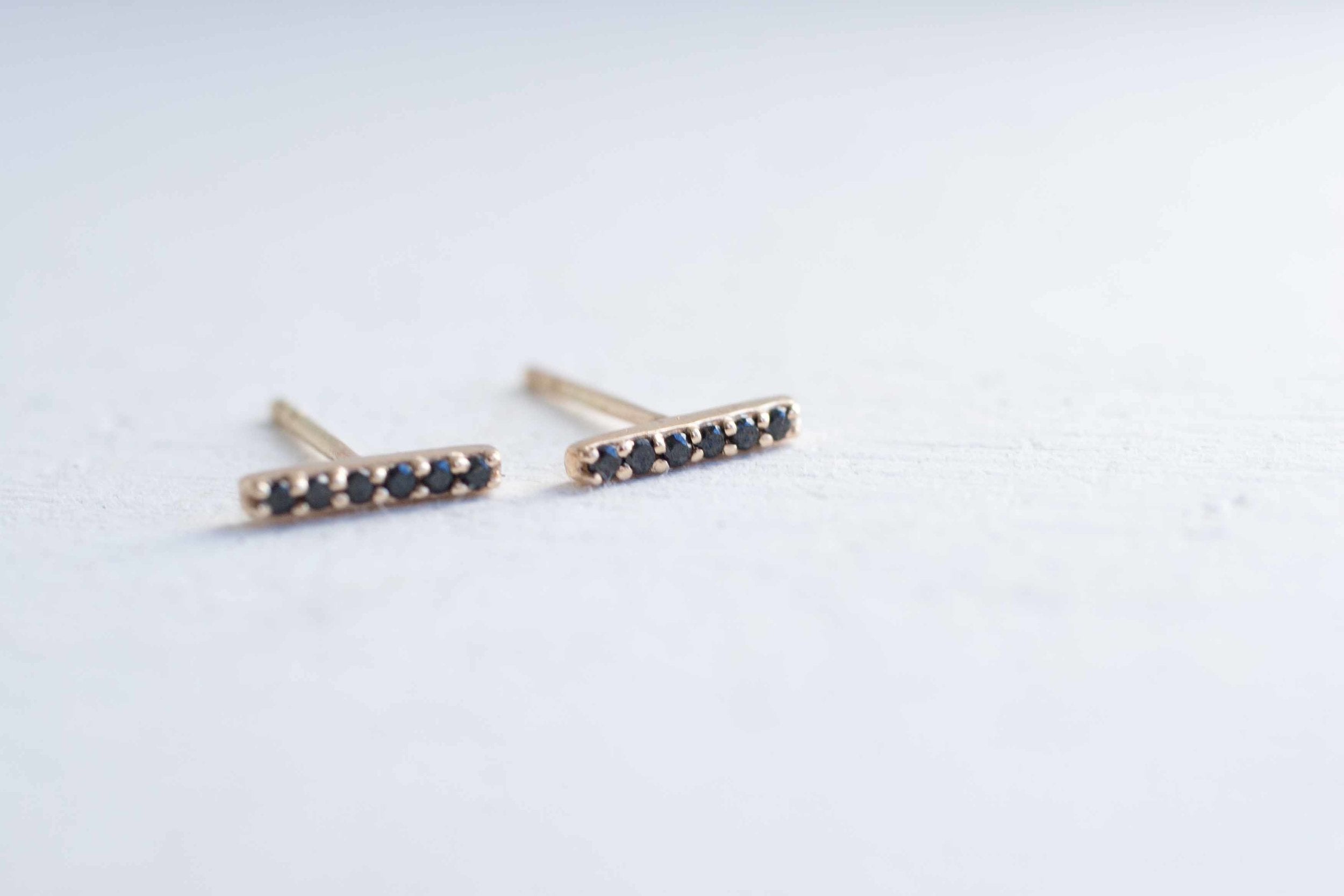 Pavé Black Diamond Bar Earrings | Vertical Line Studs | 14k Recycled Gold
