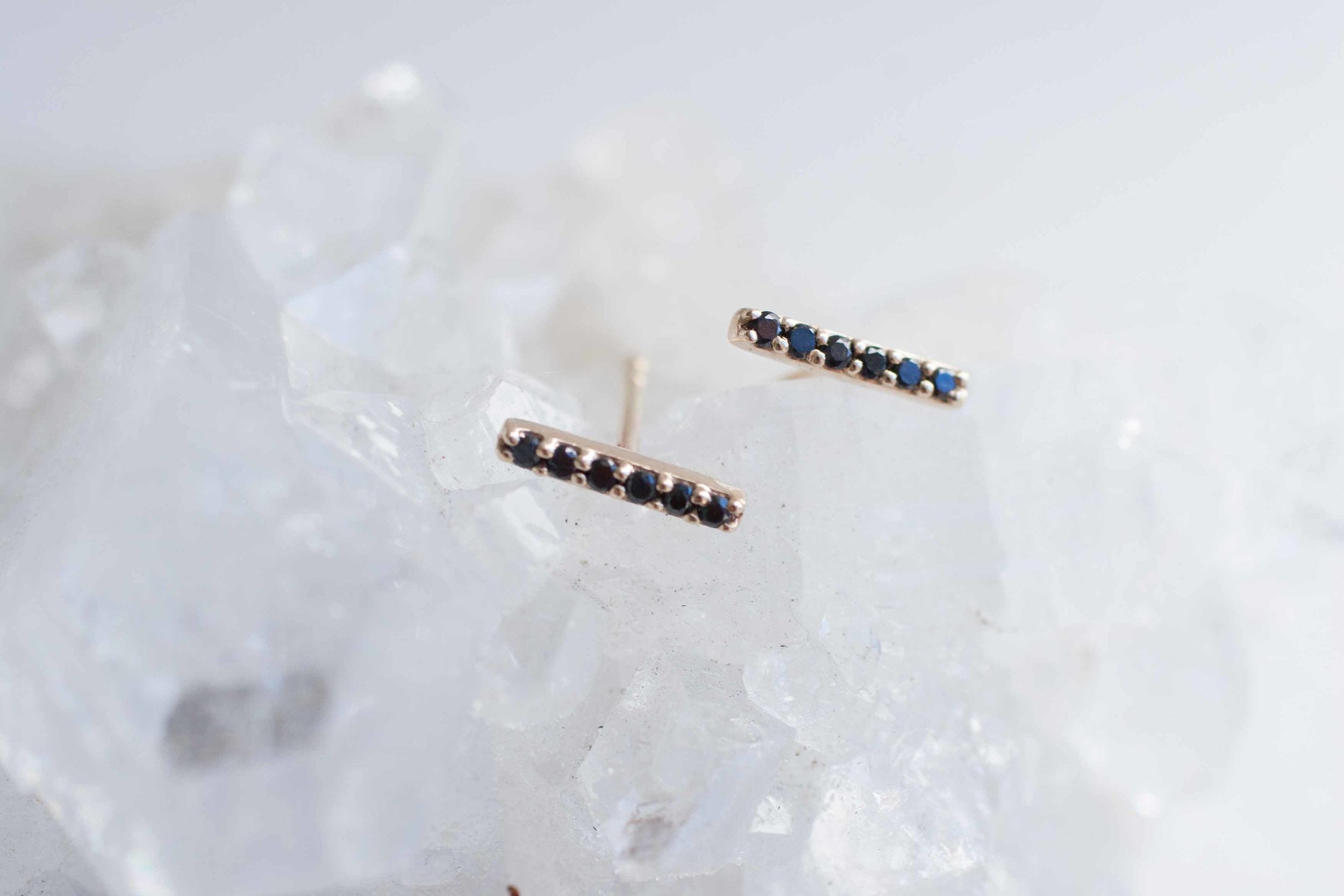 Pavé Black Diamond Bar Earrings | Vertical Line Studs | 14k Recycled Gold