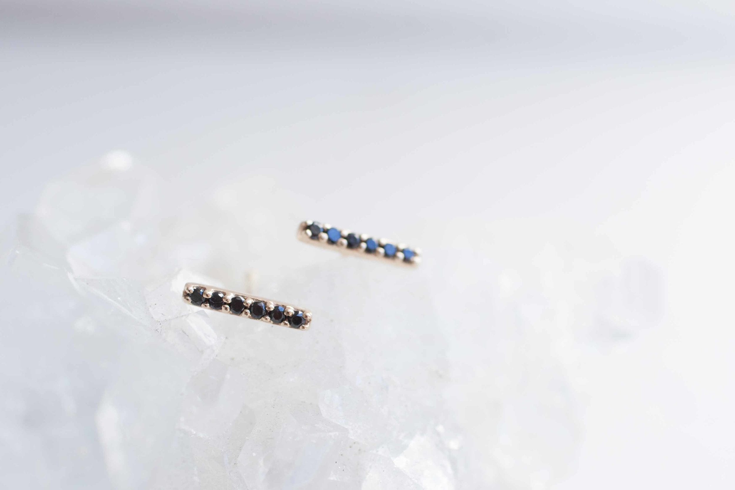 Pavé Black Diamond Bar Earrings | Vertical Line Studs | 14k Recycled Gold