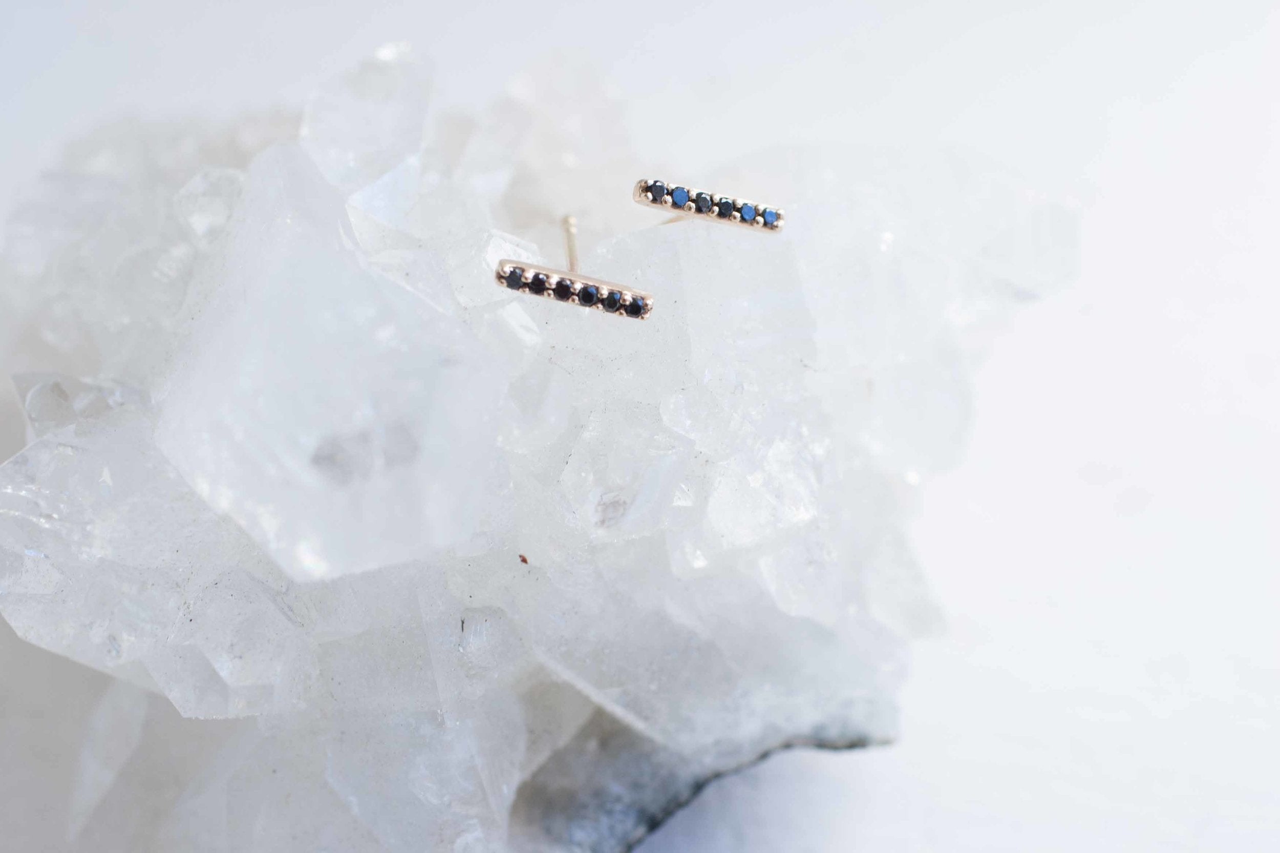 Pavé Black Diamond Bar Earrings | Vertical Line Studs | 14k Recycled Gold