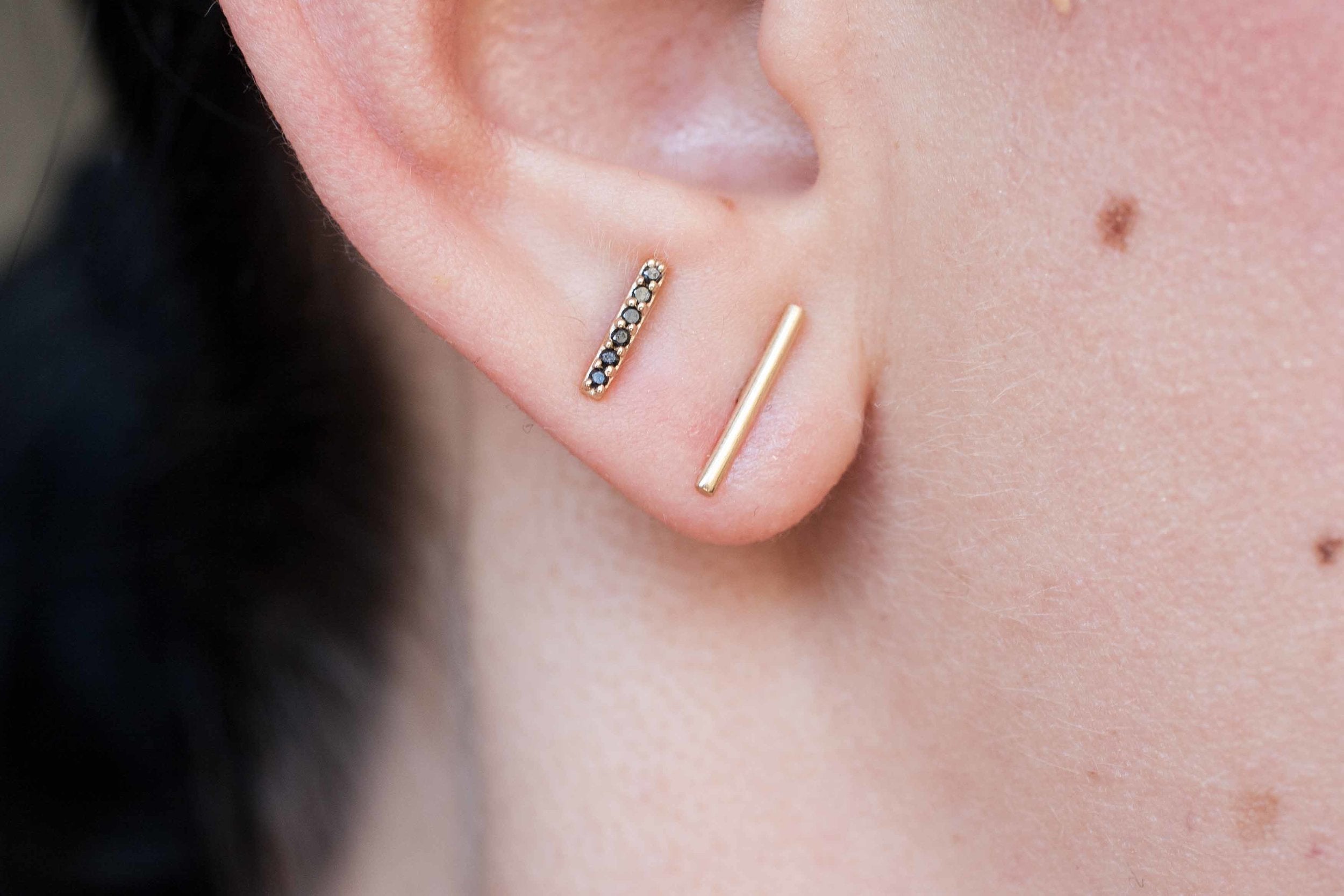 Pavé Black Diamond Bar Earrings | Vertical Line Studs | 14k Recycled Gold