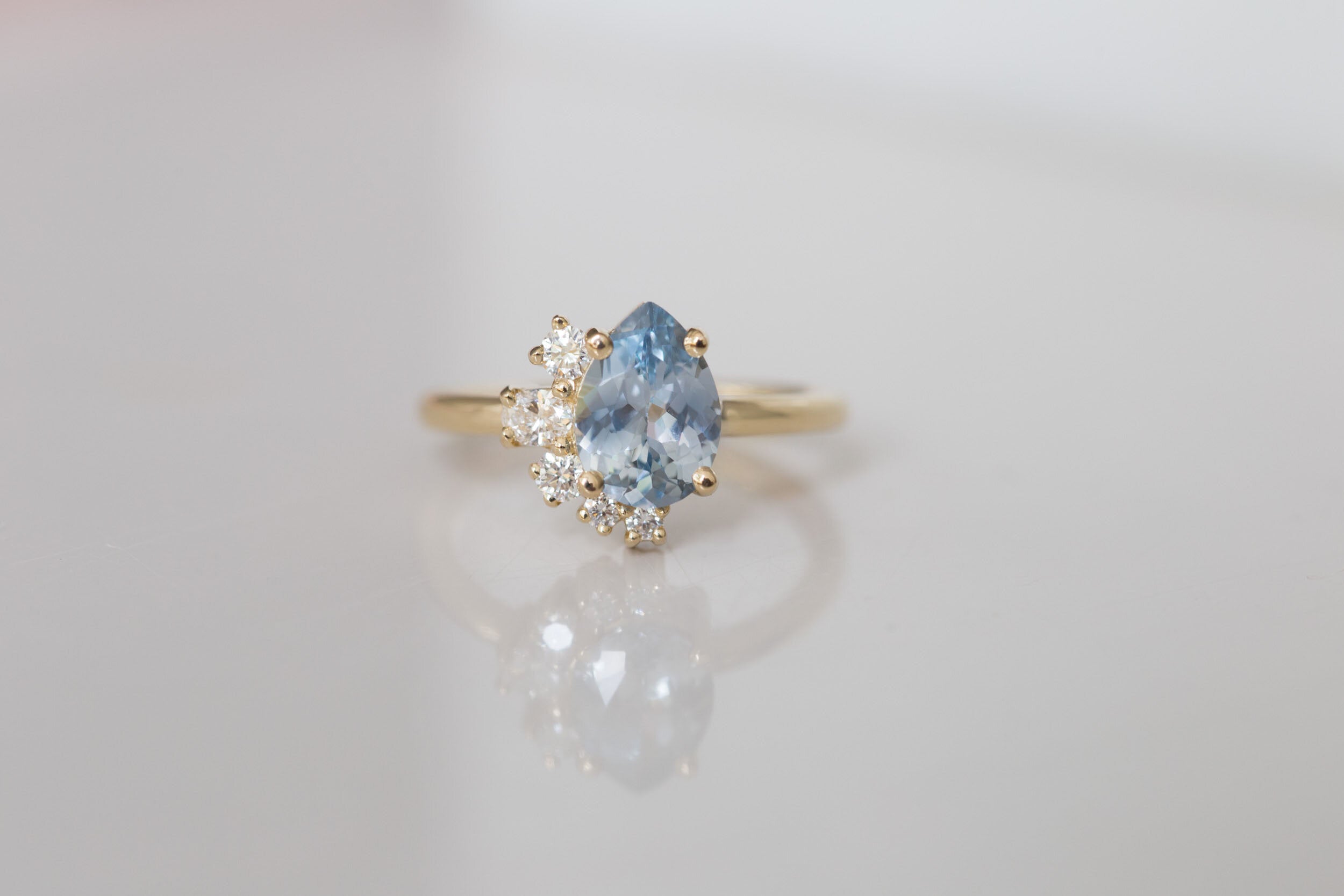 Evaline Ring | Pear Cut Sapphire Asymmetrical Diamond Cluster Engagement Ring | 14k Recycled Gold | One of a Kind