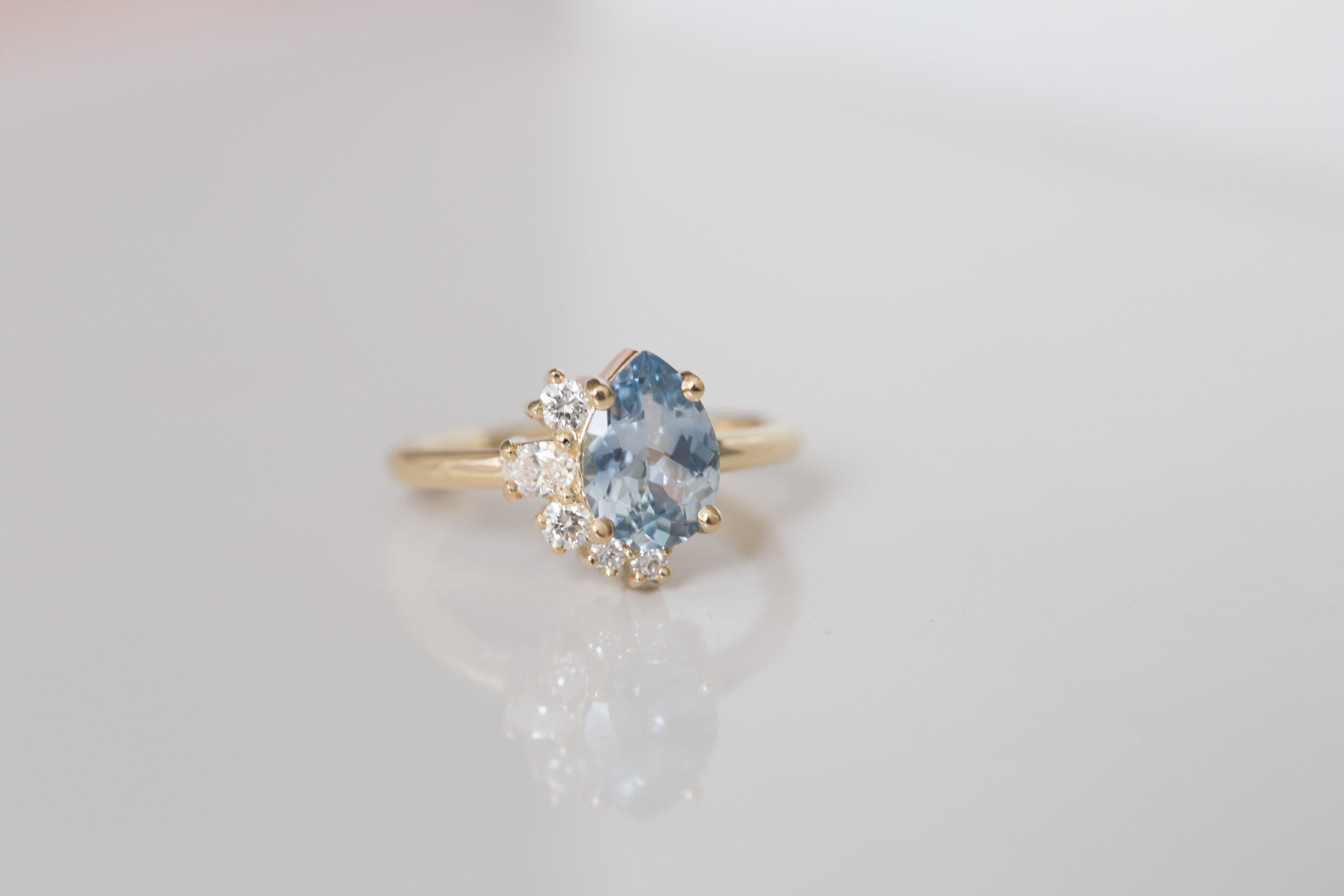 Evaline Ring | Pear Cut Sapphire Asymmetrical Diamond Cluster Engagement Ring | 14k Recycled Gold | One of a Kind