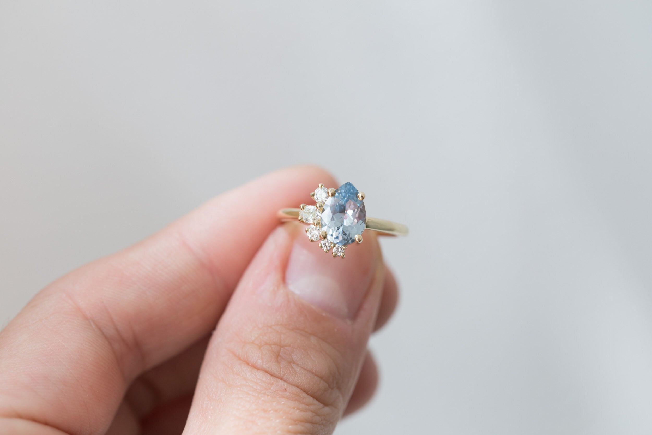 Evaline Ring | Pear Cut Sapphire Asymmetrical Diamond Cluster Engagement Ring | 14k Recycled Gold | One of a Kind