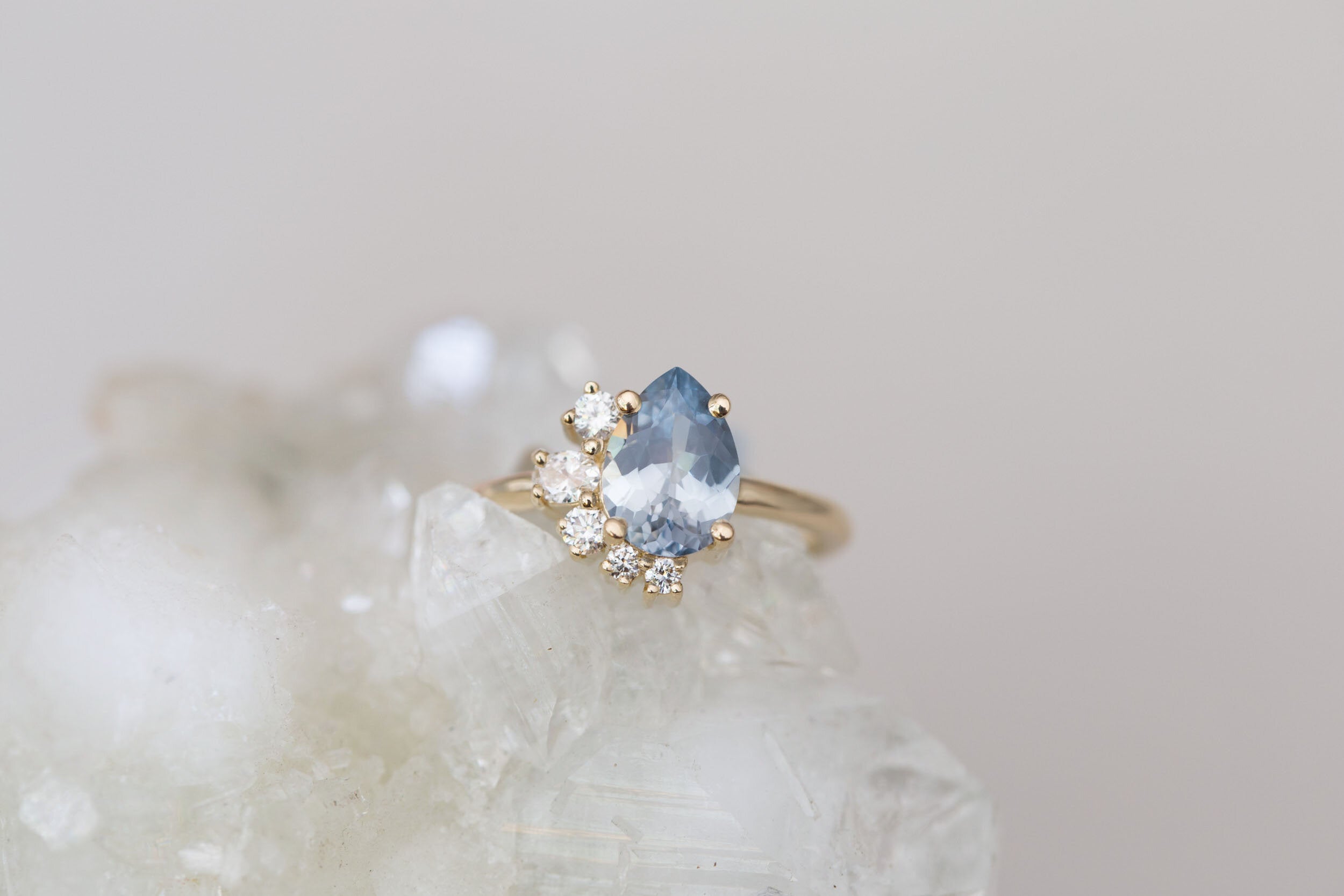Evaline Ring | Pear Cut Sapphire Asymmetrical Diamond Cluster Engagement Ring | 14k Recycled Gold | One of a Kind