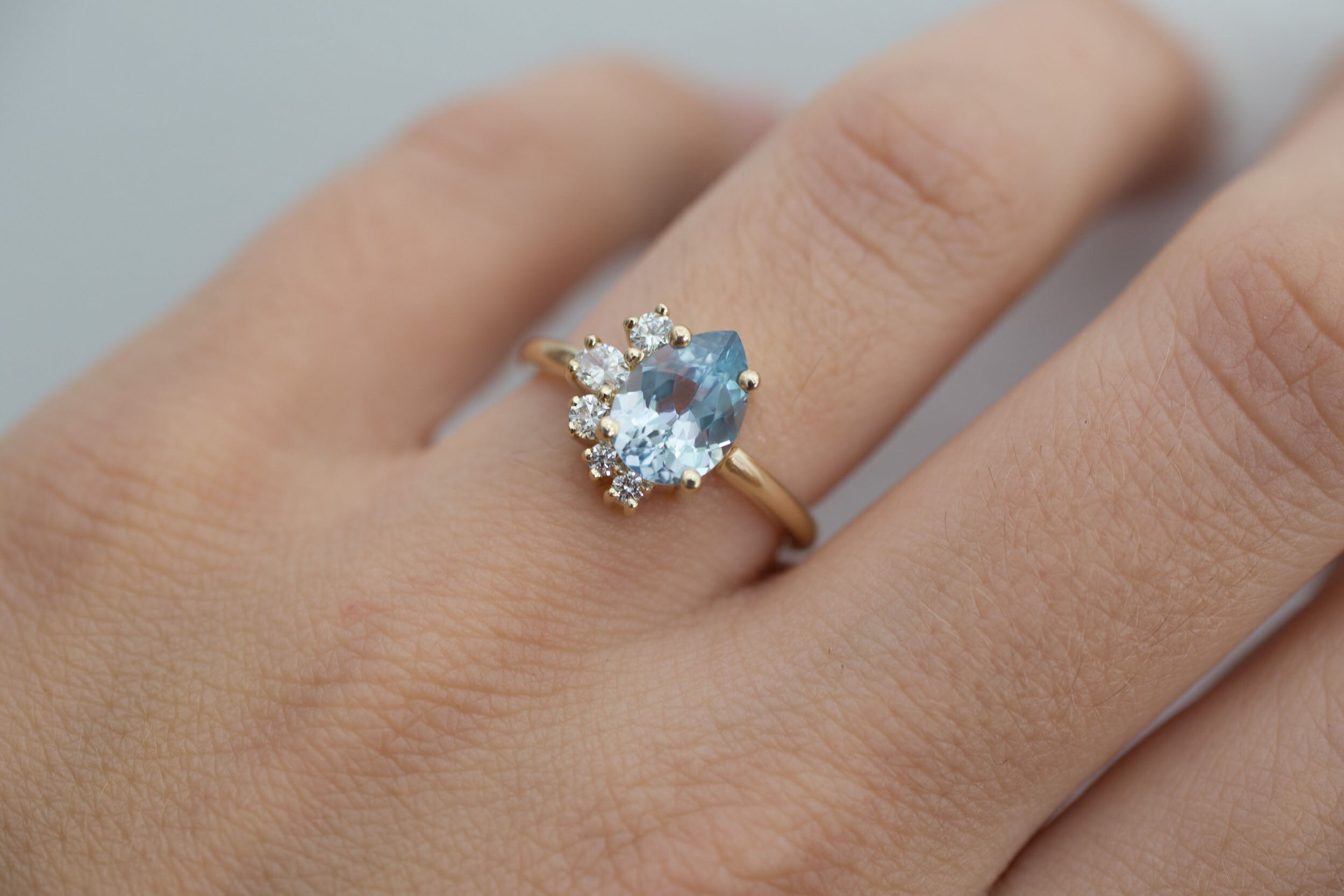 Evaline Ring | Pear Cut Sapphire Asymmetrical Diamond Cluster Engagement Ring | 14k Recycled Gold | One of a Kind