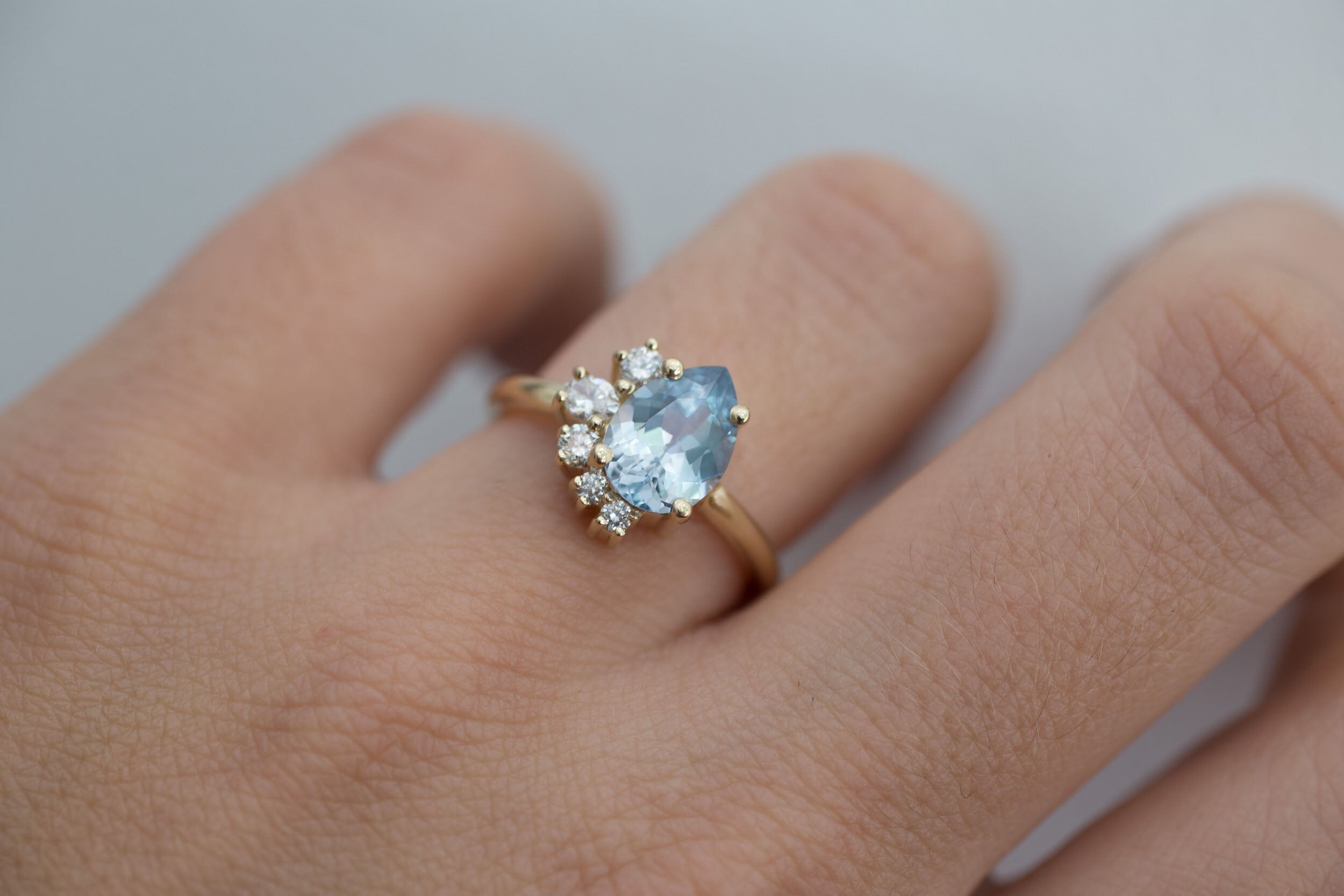 Evaline Ring | Pear Cut Sapphire Asymmetrical Diamond Cluster Engagement Ring | 14k Recycled Gold | One of a Kind