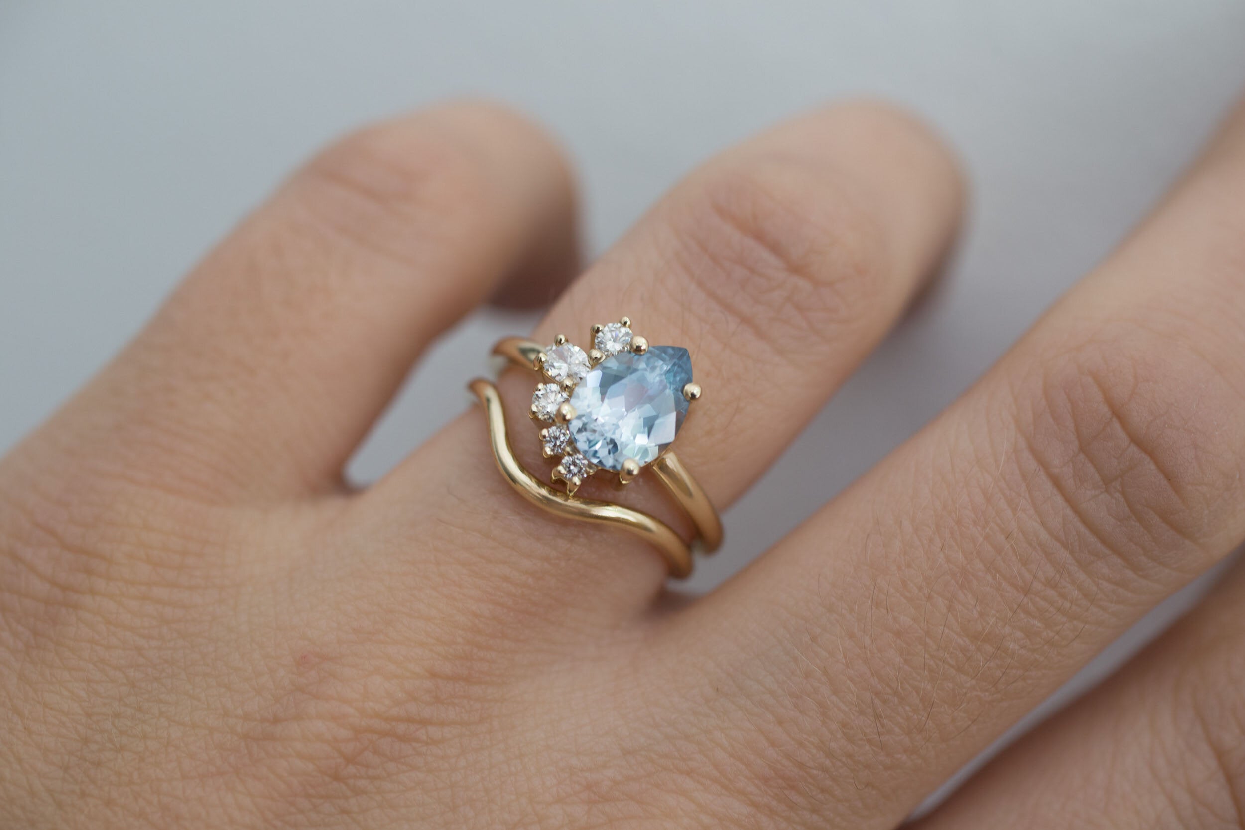 Evaline Ring | Pear Cut Sapphire Asymmetrical Diamond Cluster Engagement Ring | 14k Recycled Gold | One of a Kind