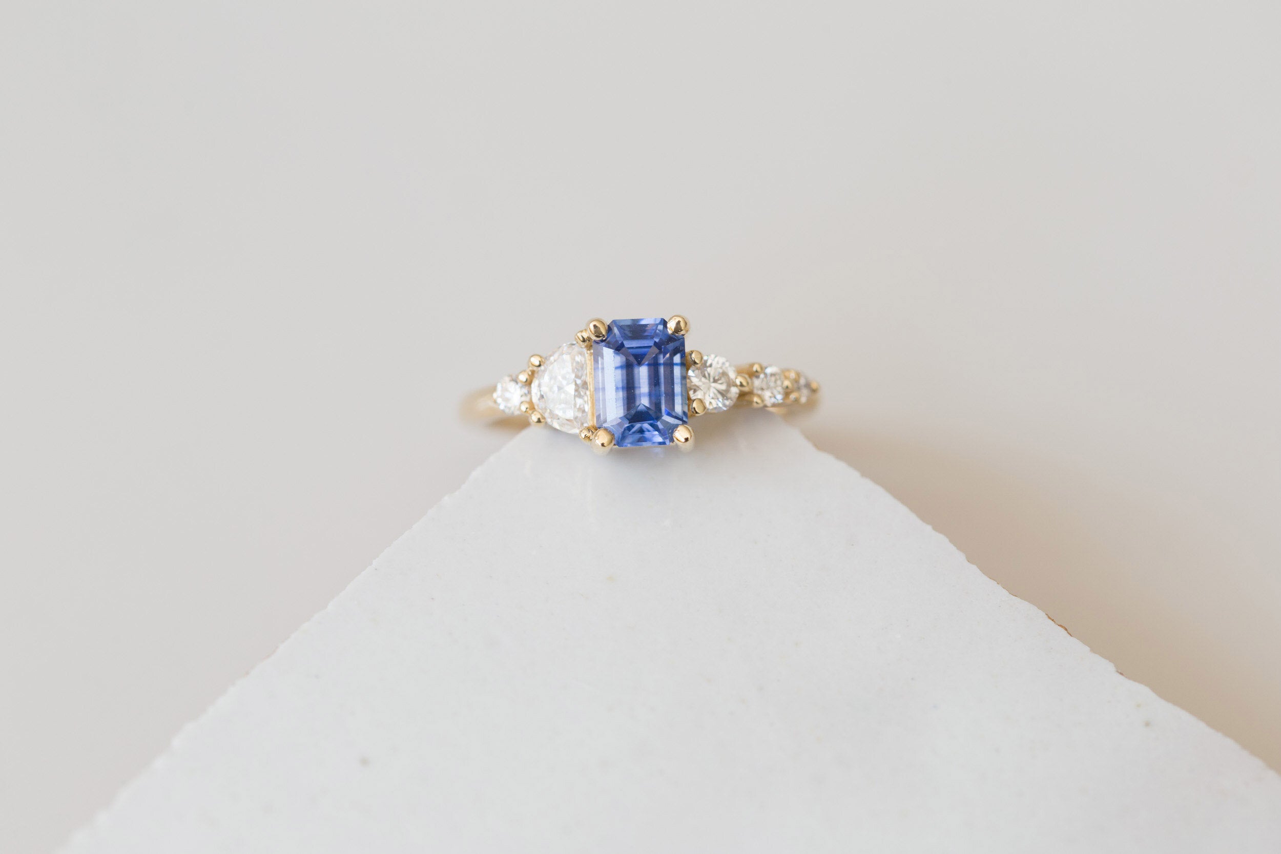 Sarine Ring | Blue Sapphire + Half Moon Diamond + Diamond Cluster Engagement Ring 1.20 ct | 14k Recycled Gold | One of a Kind