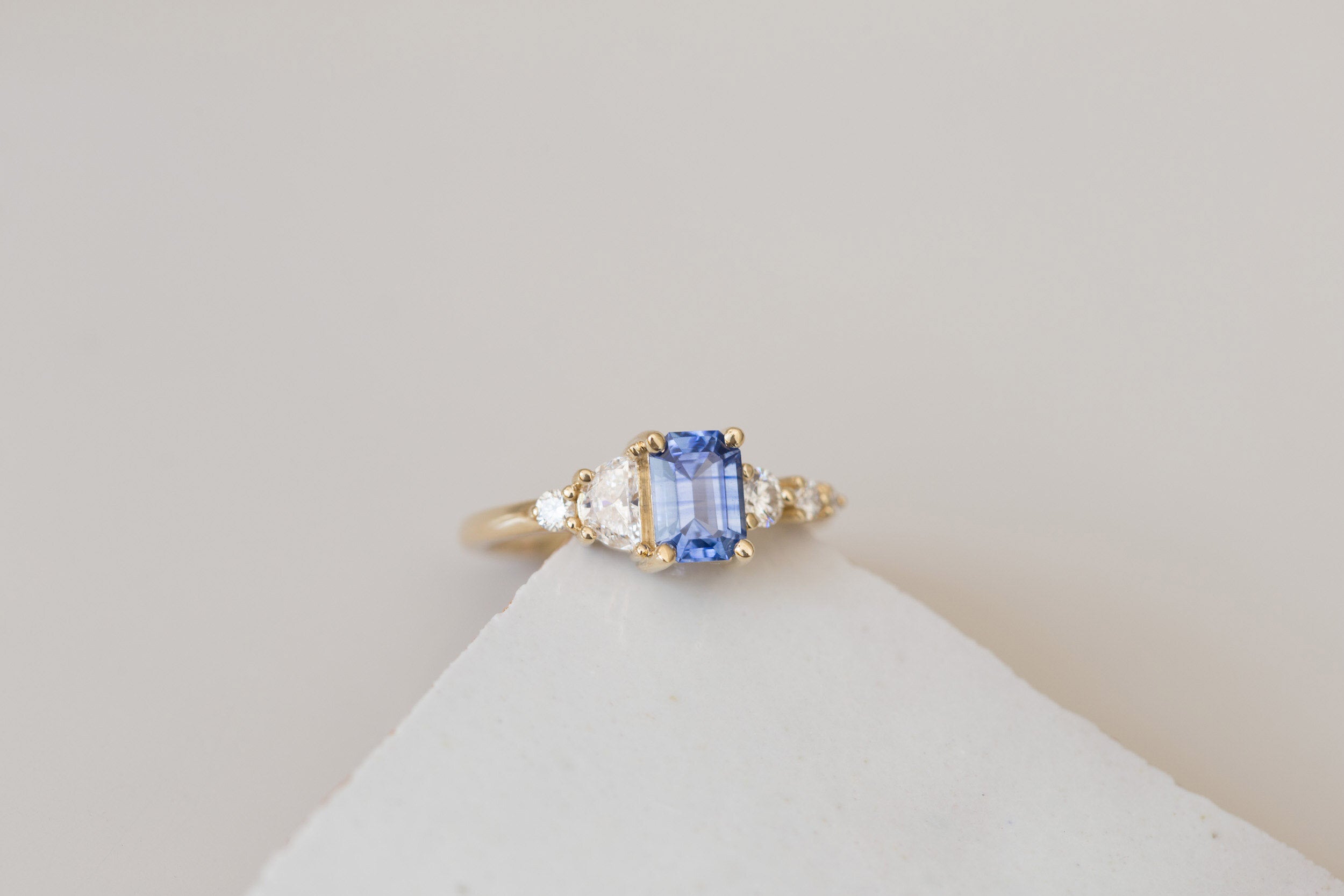 Sarine Ring | Blue Sapphire + Half Moon Diamond + Diamond Cluster Engagement Ring 1.20 ct | 14k Recycled Gold | One of a Kind