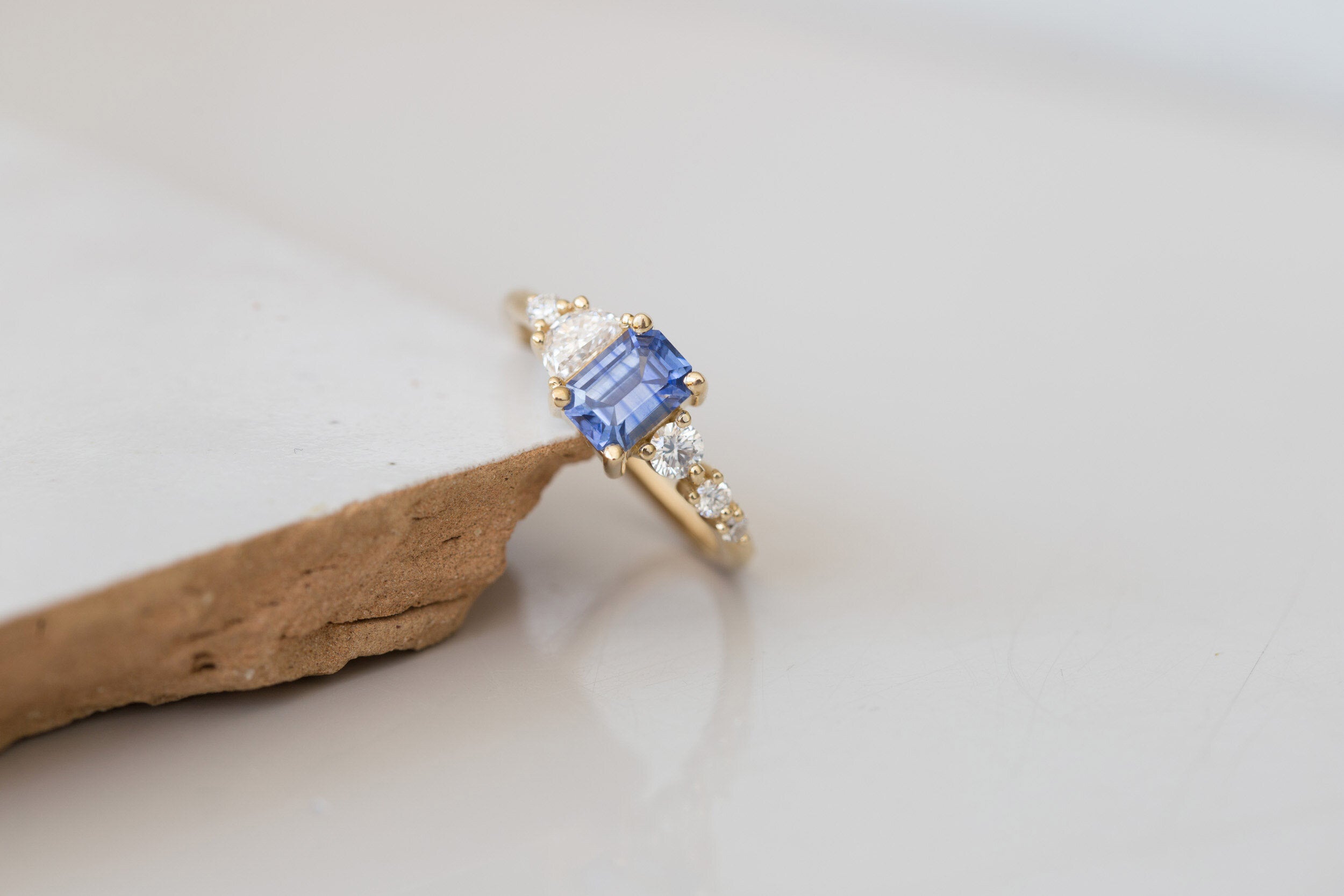 Sarine Ring | Blue Sapphire + Half Moon Diamond + Diamond Cluster Engagement Ring 1.20 ct | 14k Recycled Gold | One of a Kind