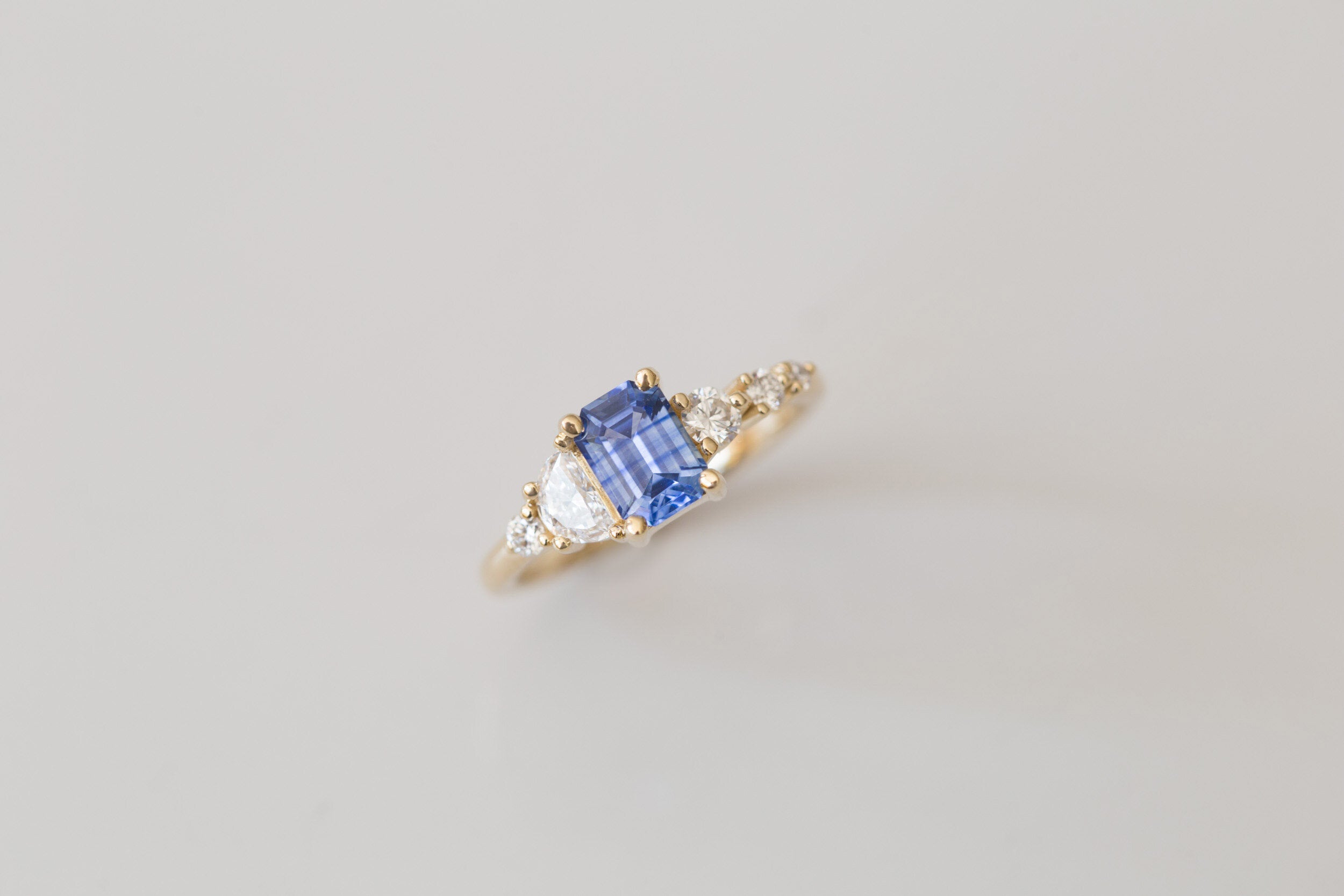 Sarine Ring | Blue Sapphire + Half Moon Diamond + Diamond Cluster Engagement Ring 1.20 ct | 14k Recycled Gold | One of a Kind