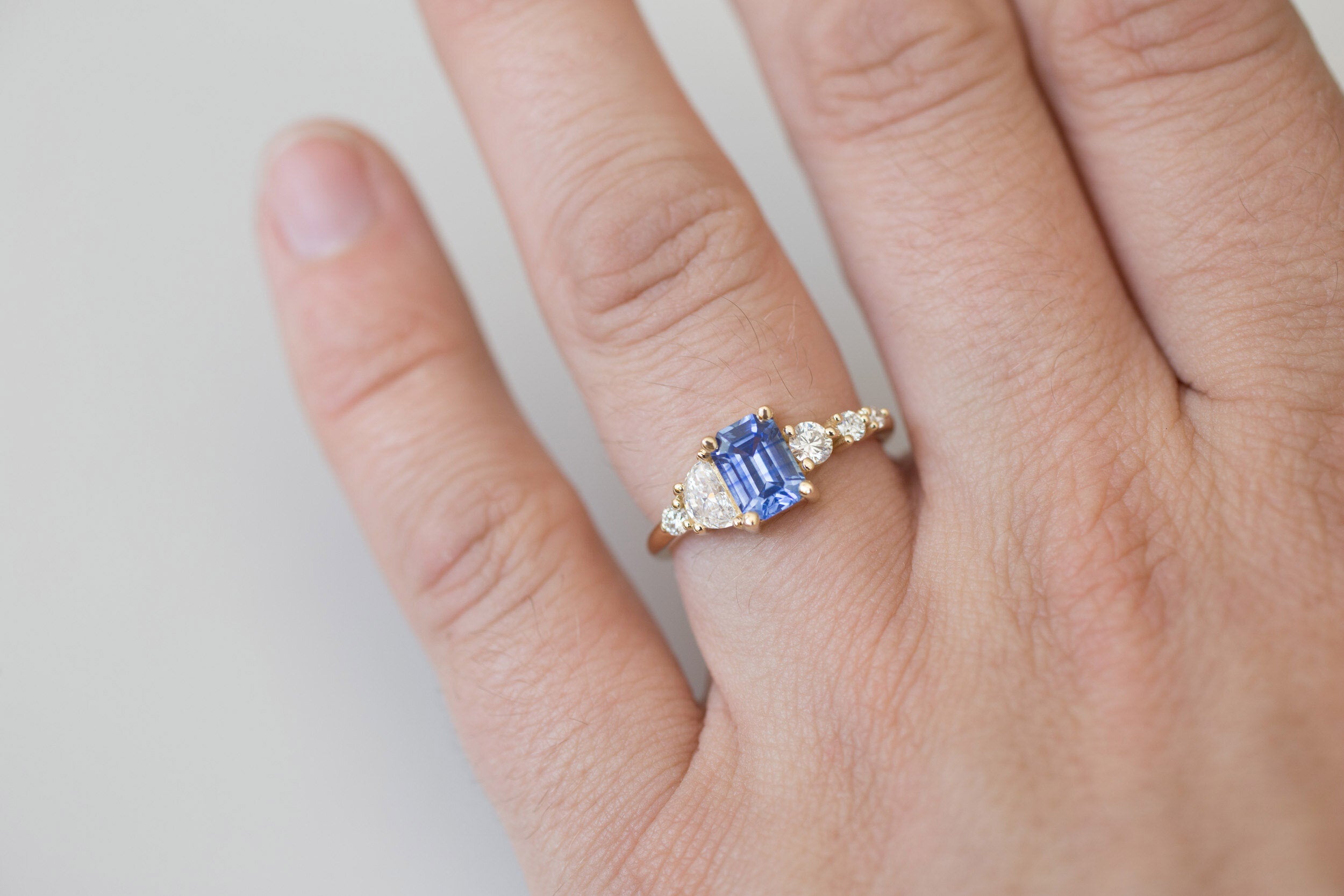Sarine Ring | Blue Sapphire + Half Moon Diamond + Diamond Cluster Engagement Ring 1.20 ct | 14k Recycled Gold | One of a Kind