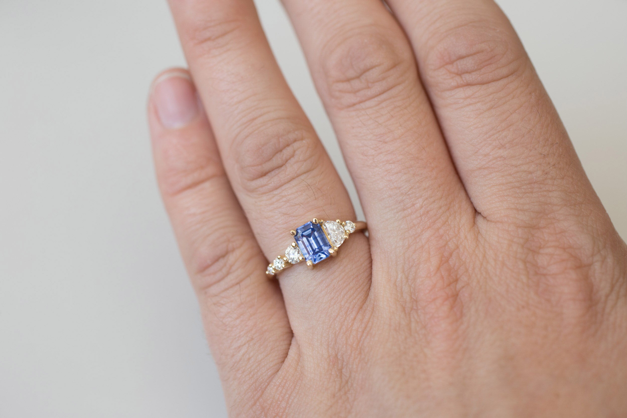 Sarine Ring | Blue Sapphire + Half Moon Diamond + Diamond Cluster Engagement Ring 1.20 ct | 14k Recycled Gold | One of a Kind