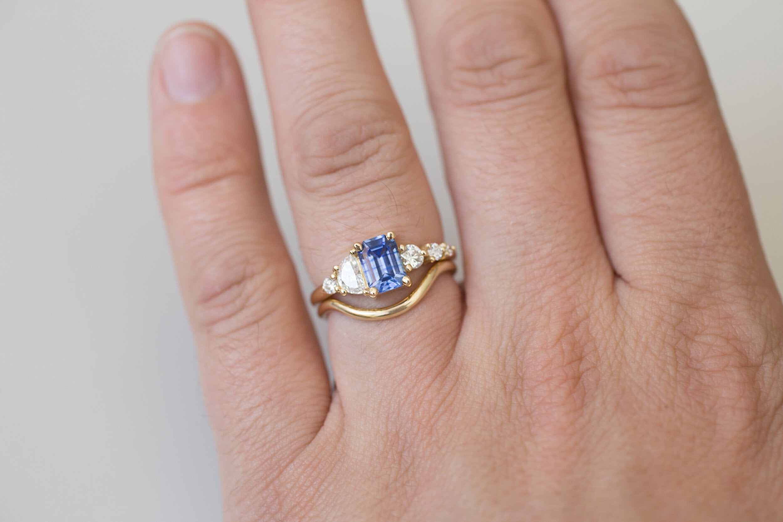 Sarine Ring | Blue Sapphire + Half Moon Diamond + Diamond Cluster Engagement Ring 1.20 ct | 14k Recycled Gold | One of a Kind