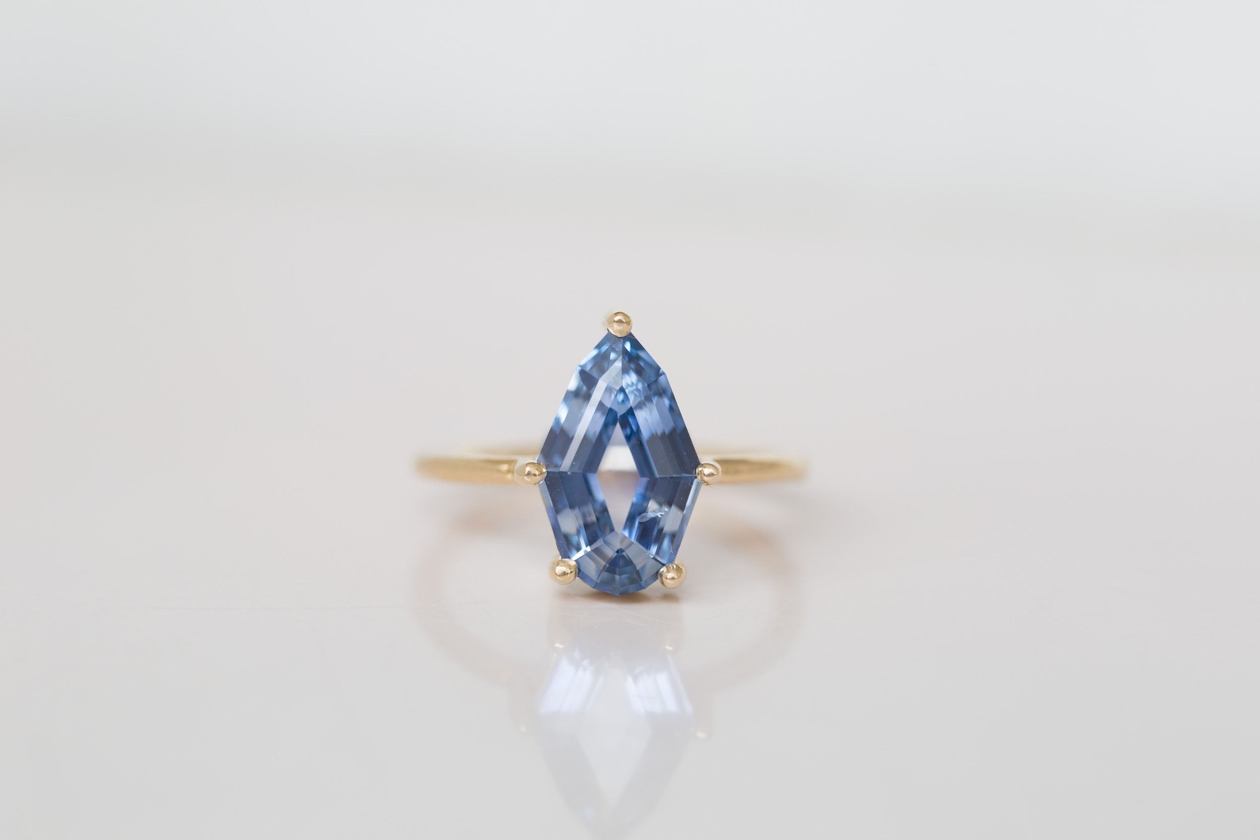 Mesa Ring | Step Cut Geometric Pear Sapphire Solitaire Engagement Ring 3.23 ct | 14k Recycled Gold | One of a Kind
