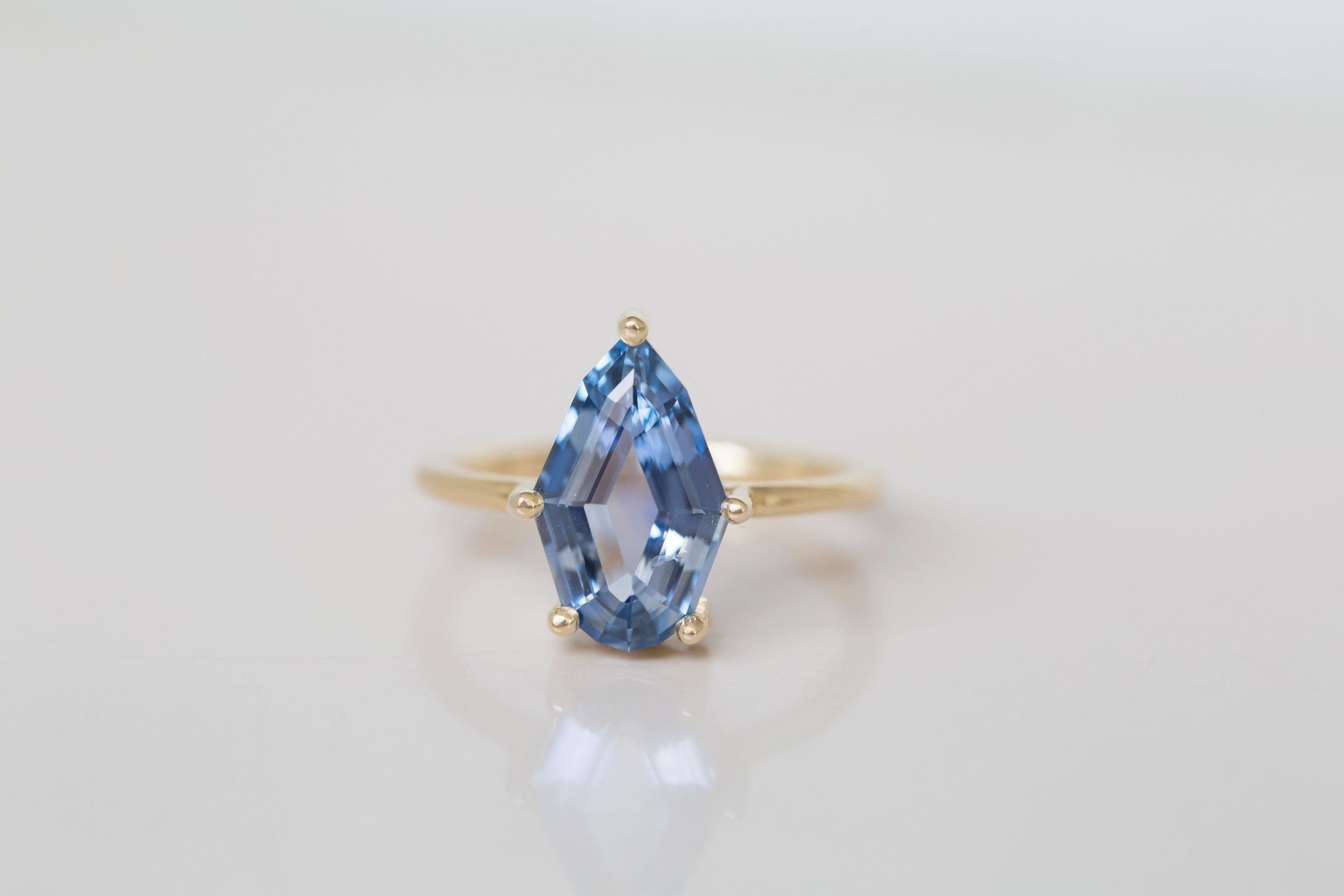 Mesa Ring | Step Cut Geometric Pear Sapphire Solitaire Engagement Ring 3.23 ct | 14k Recycled Gold | One of a Kind