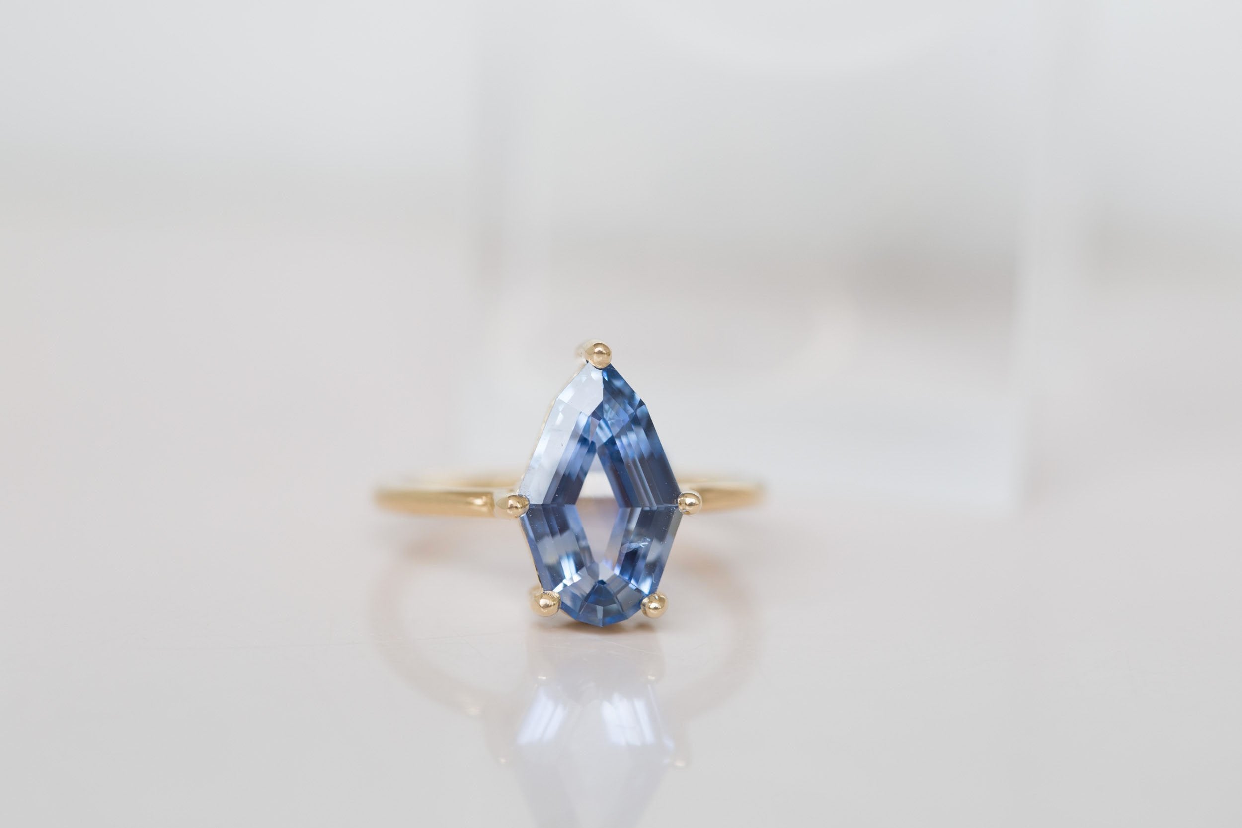 Mesa Ring | Step Cut Geometric Pear Sapphire Solitaire Engagement Ring 3.23 ct | 14k Recycled Gold | One of a Kind