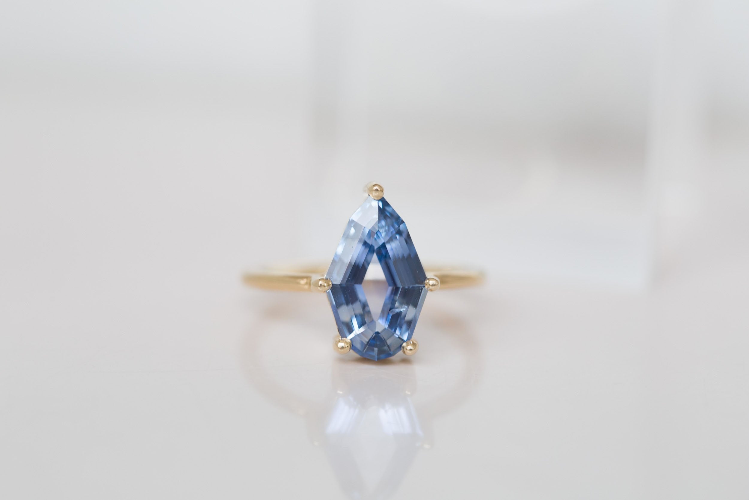 Mesa Ring | Step Cut Geometric Pear Sapphire Solitaire Engagement Ring 3.23 ct | 14k Recycled Gold | One of a Kind