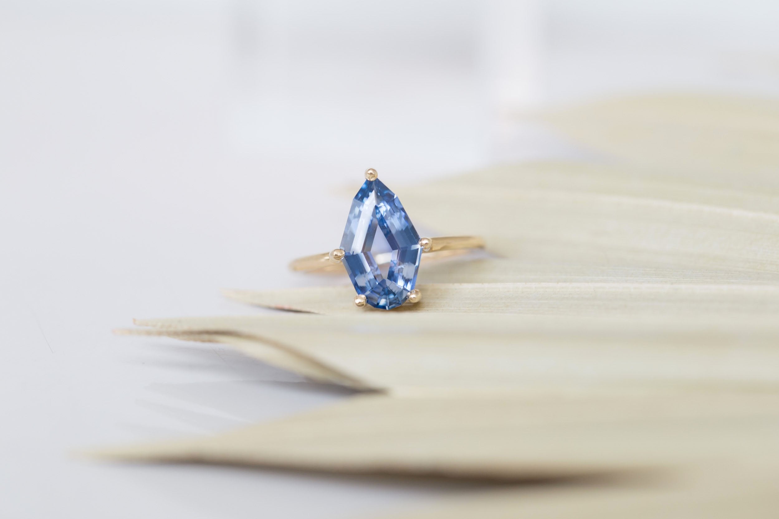 Mesa Ring | Step Cut Geometric Pear Sapphire Solitaire Engagement Ring 3.23 ct | 14k Recycled Gold | One of a Kind