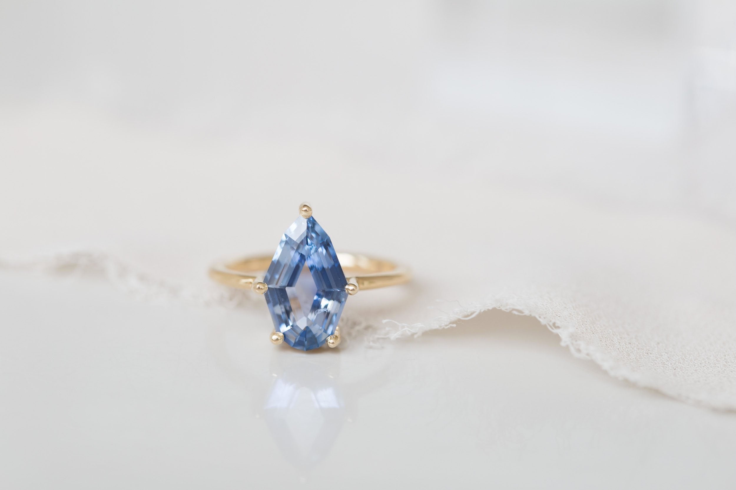 Mesa Ring | Step Cut Geometric Pear Sapphire Solitaire Engagement Ring 3.23 ct | 14k Recycled Gold | One of a Kind