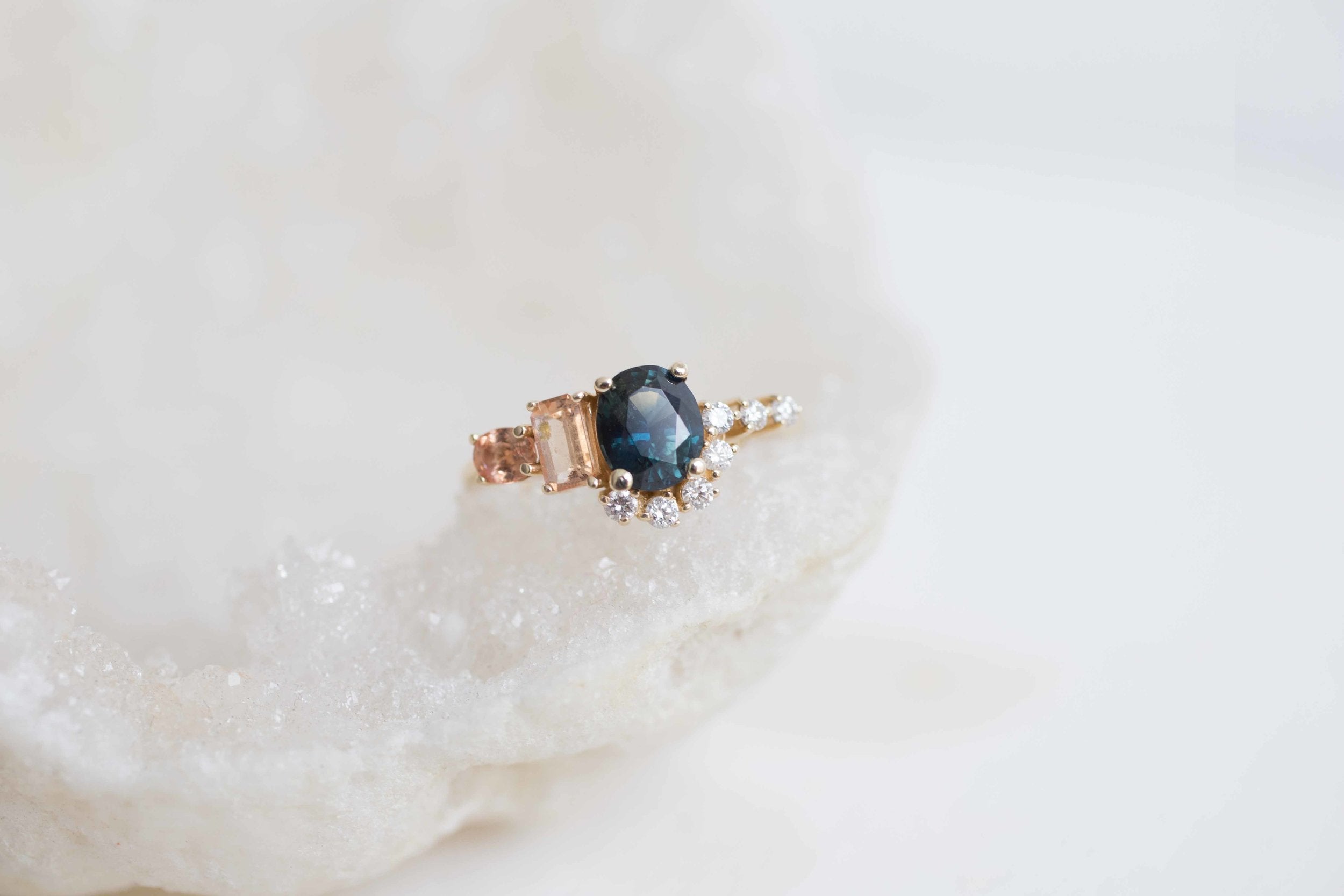Bi-Color Blue Green Sapphire, Imperial Topaz, Peach Sapphire + Diamond Cluster Engagement Ring | 14k Recycled Yellow Gold | One of a Kind