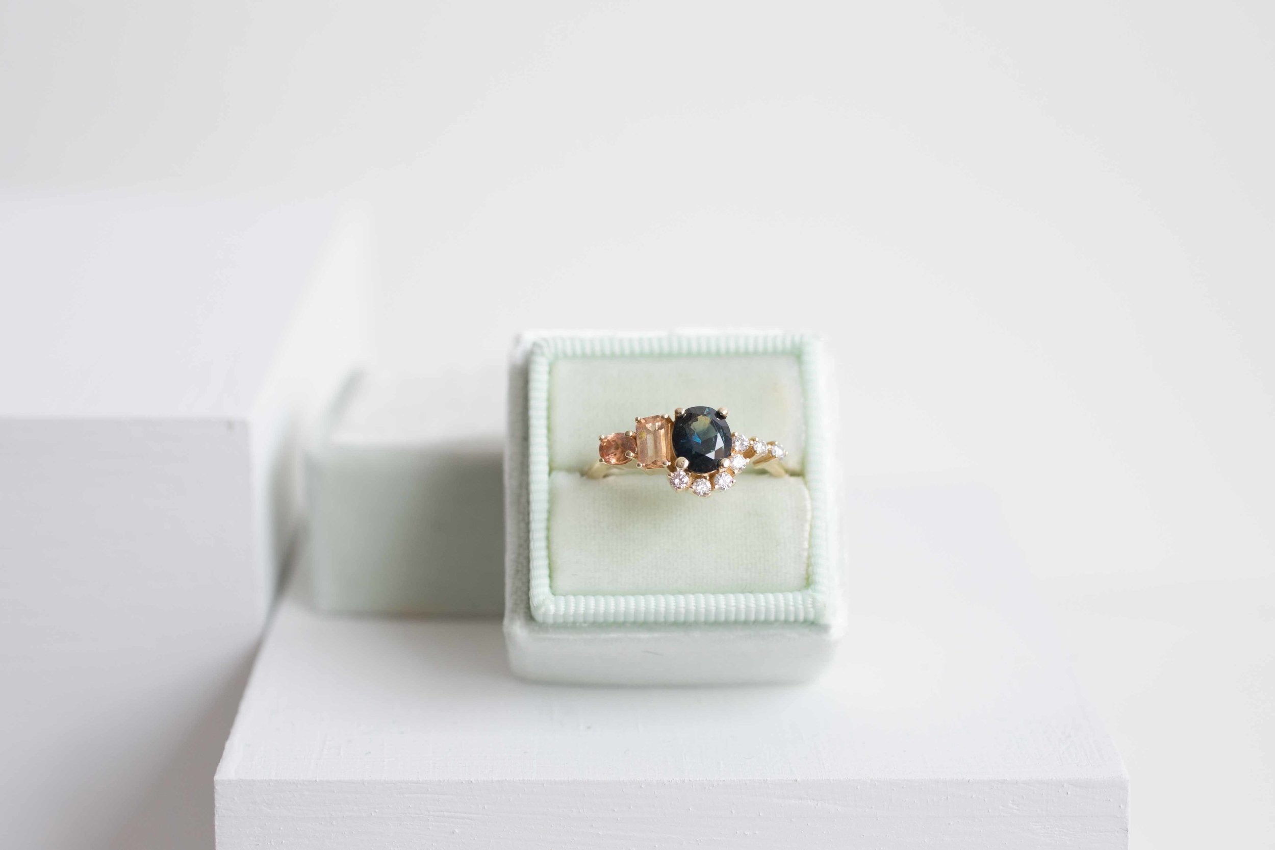 Bi-Color Blue Green Sapphire, Imperial Topaz, Peach Sapphire + Diamond Cluster Engagement Ring | 14k Recycled Yellow Gold | One of a Kind