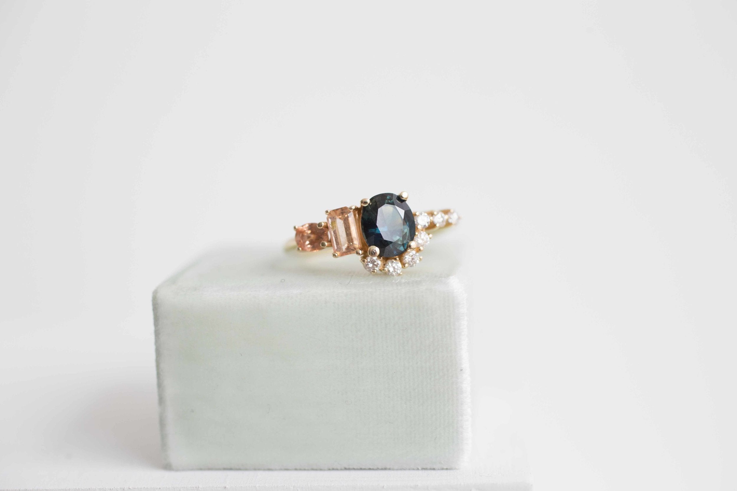 Bi-Color Blue Green Sapphire, Imperial Topaz, Peach Sapphire + Diamond Cluster Engagement Ring | 14k Recycled Yellow Gold | One of a Kind