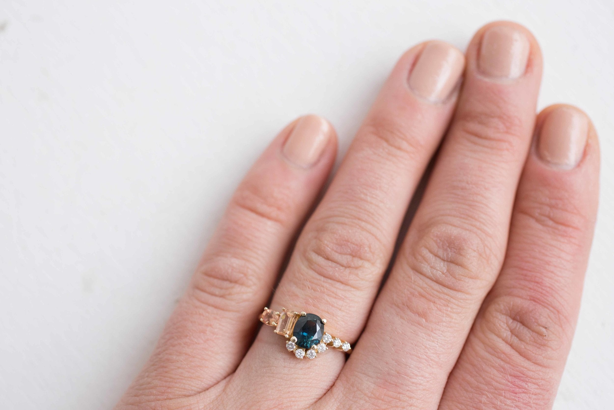 Bi-Color Blue Green Sapphire, Imperial Topaz, Peach Sapphire + Diamond Cluster Engagement Ring | 14k Recycled Yellow Gold | One of a Kind