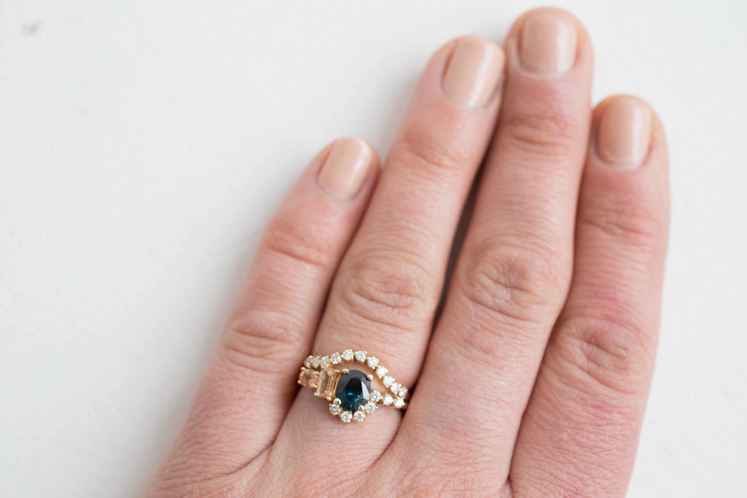 Bi-Color Blue Green Sapphire, Imperial Topaz, Peach Sapphire + Diamond Cluster Engagement Ring | 14k Recycled Yellow Gold | One of a Kind