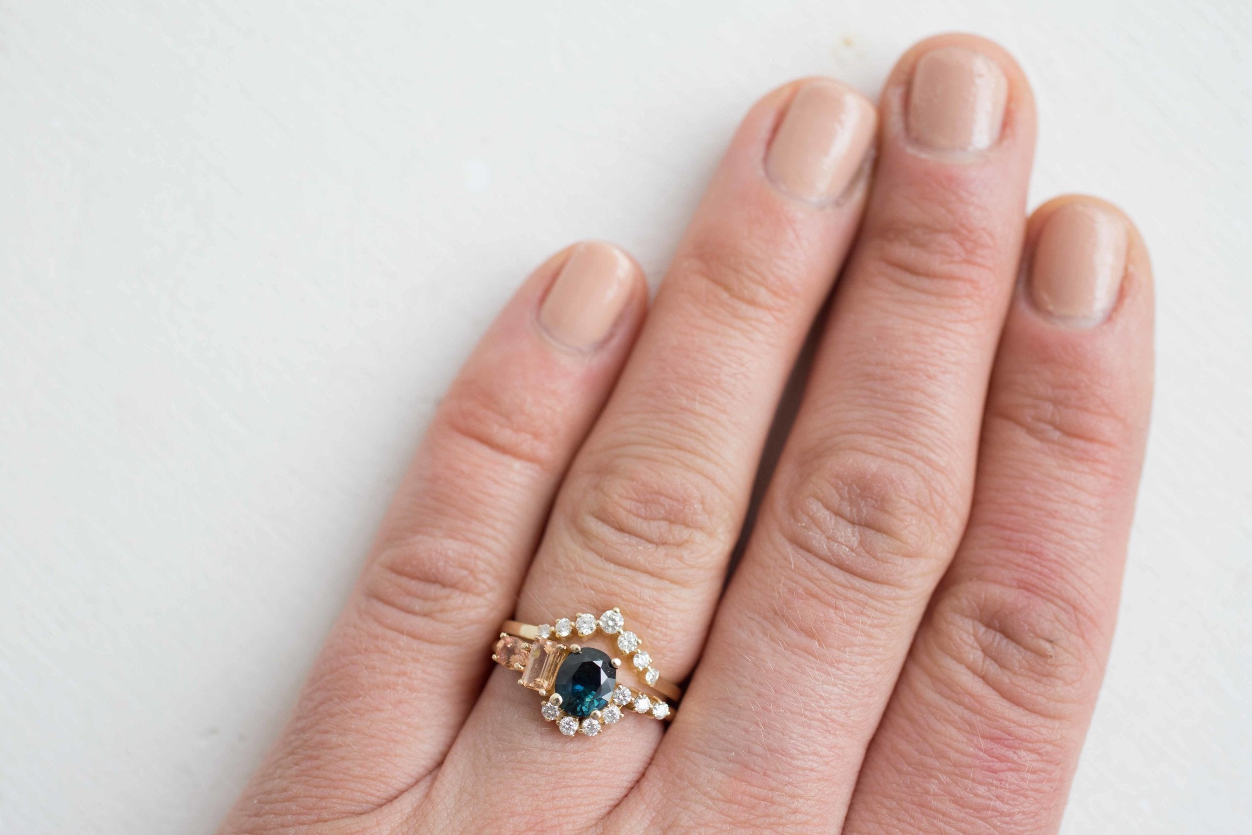 Bi-Color Blue Green Sapphire, Imperial Topaz, Peach Sapphire + Diamond Cluster Engagement Ring | 14k Recycled Yellow Gold | One of a Kind