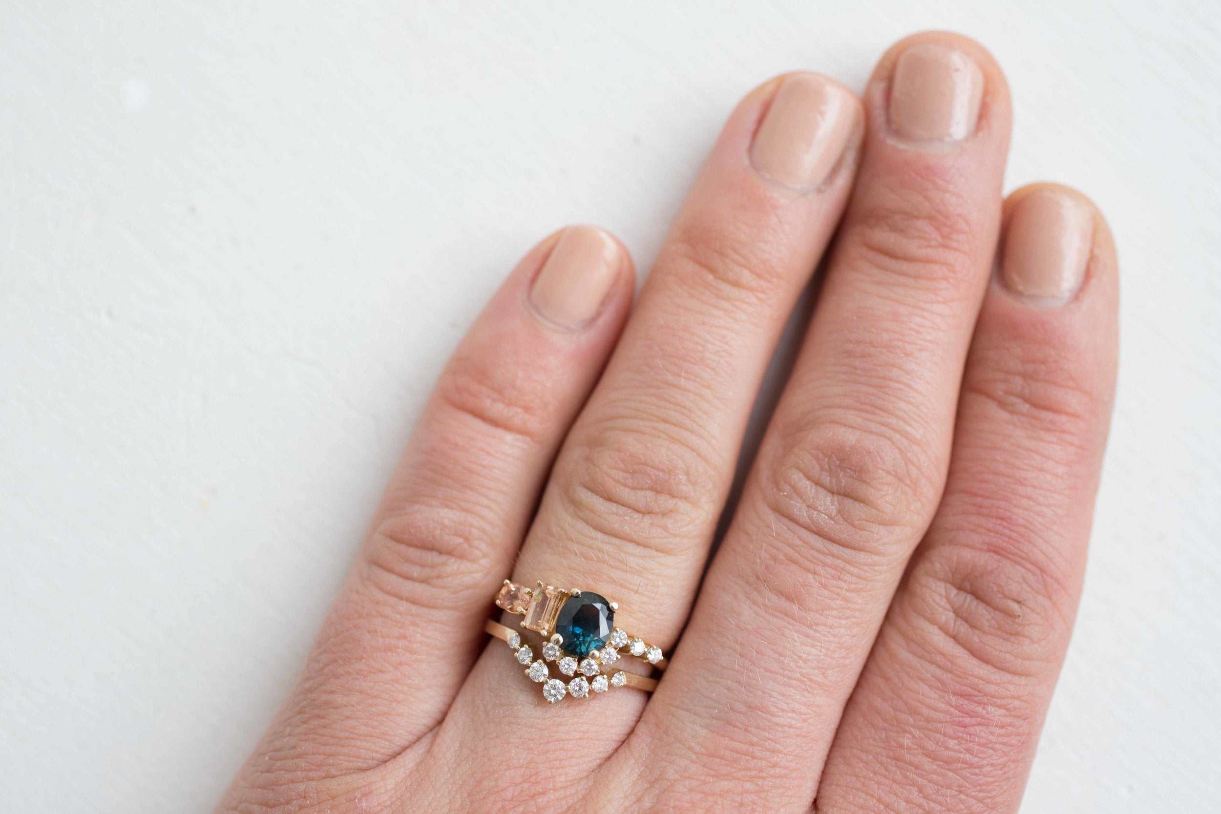 Bi-Color Blue Green Sapphire, Imperial Topaz, Peach Sapphire + Diamond Cluster Engagement Ring | 14k Recycled Yellow Gold | One of a Kind