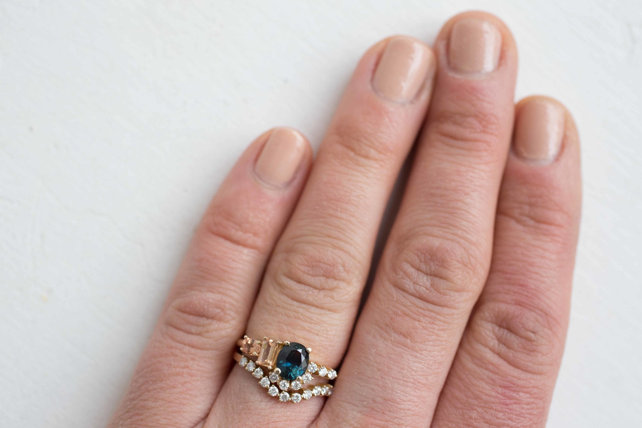 Bi-Color Blue Green Sapphire, Imperial Topaz, Peach Sapphire + Diamond Cluster Engagement Ring | 14k Recycled Yellow Gold | One of a Kind