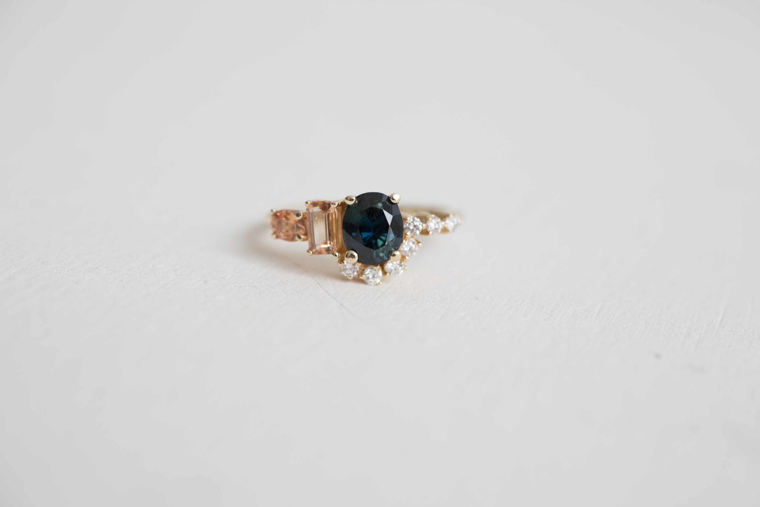 Bi-Color Blue Green Sapphire, Imperial Topaz, Peach Sapphire + Diamond Cluster Engagement Ring | 14k Recycled Yellow Gold | One of a Kind